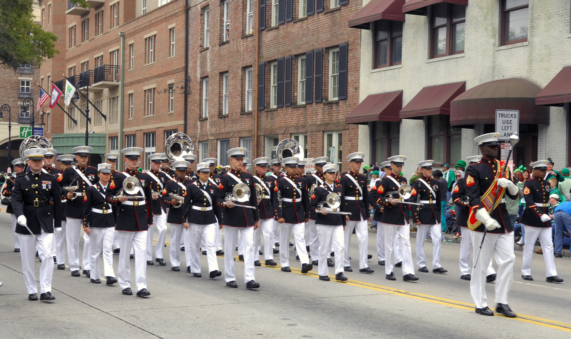 SAVANNAH, Ga. -- The Parris Island Marine Corp. band from Parris Island Marine Corp Base marches down Bay Street March 17 for the St. Patrick's Day parade in Savannah, Ga.  Savannah hosts the second largest St. Patrick's Day parade in the nation. Shaw Air Force Base outdoor recreation took members from Team Shaw to the St. Patrick's Day parade. (U.S. Air Force photo/Airman 1st Class Daniel Phelps)