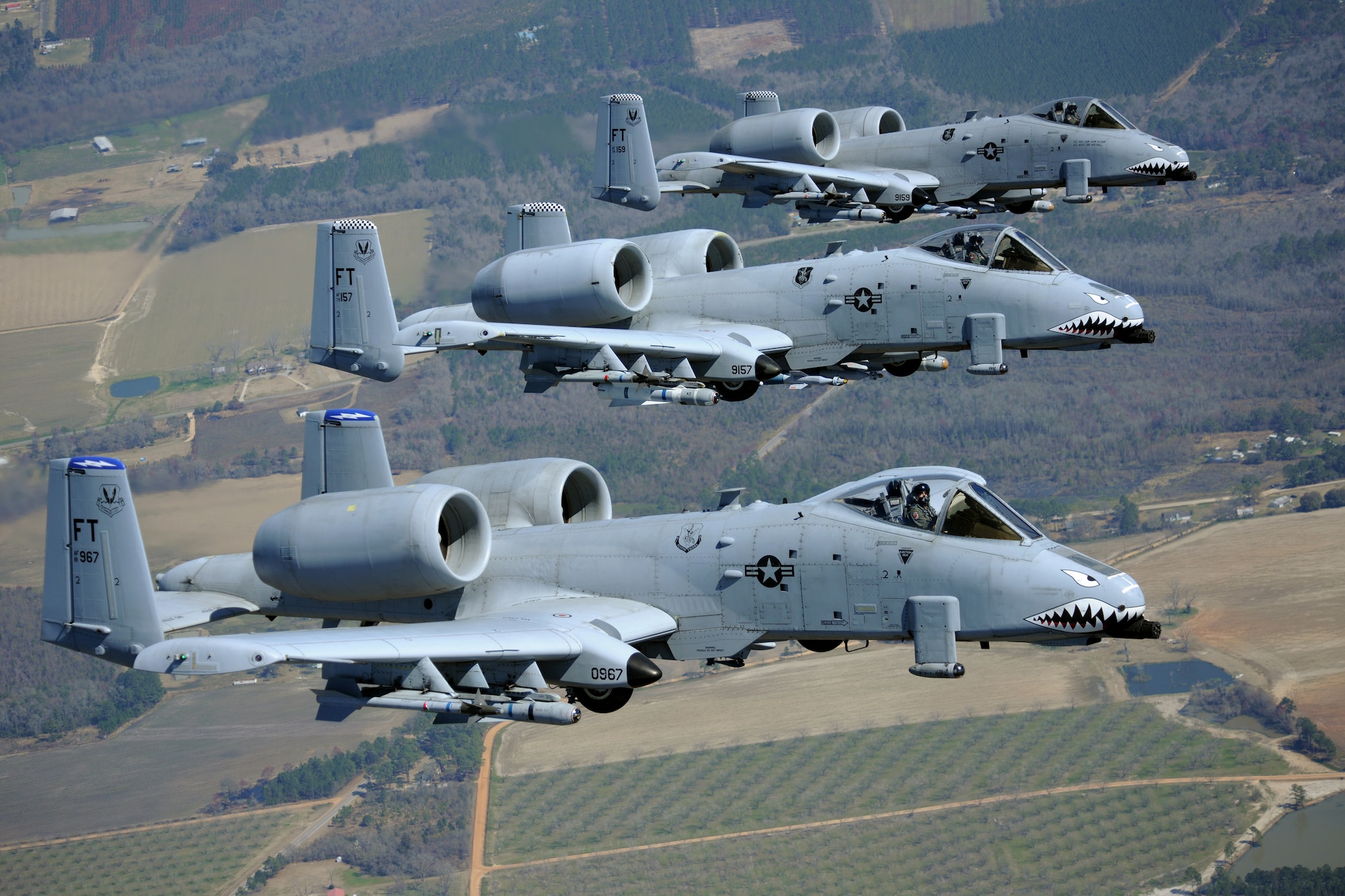 MOODY AIR FORCE BASE, Ga. -- Three A-10C Thunderbolt II aircraft from the 74th and 75th Fighter Squadrons fly in formation during a flight training session here March 16. The two combat-ready A-10C squadrons are part of Moody’s 23rd Fighter Group, the Air Force’s largest A-10C fighter group. (U.S. Air Force photo by Airman 1st Class Benjamin Wiseman/Released)