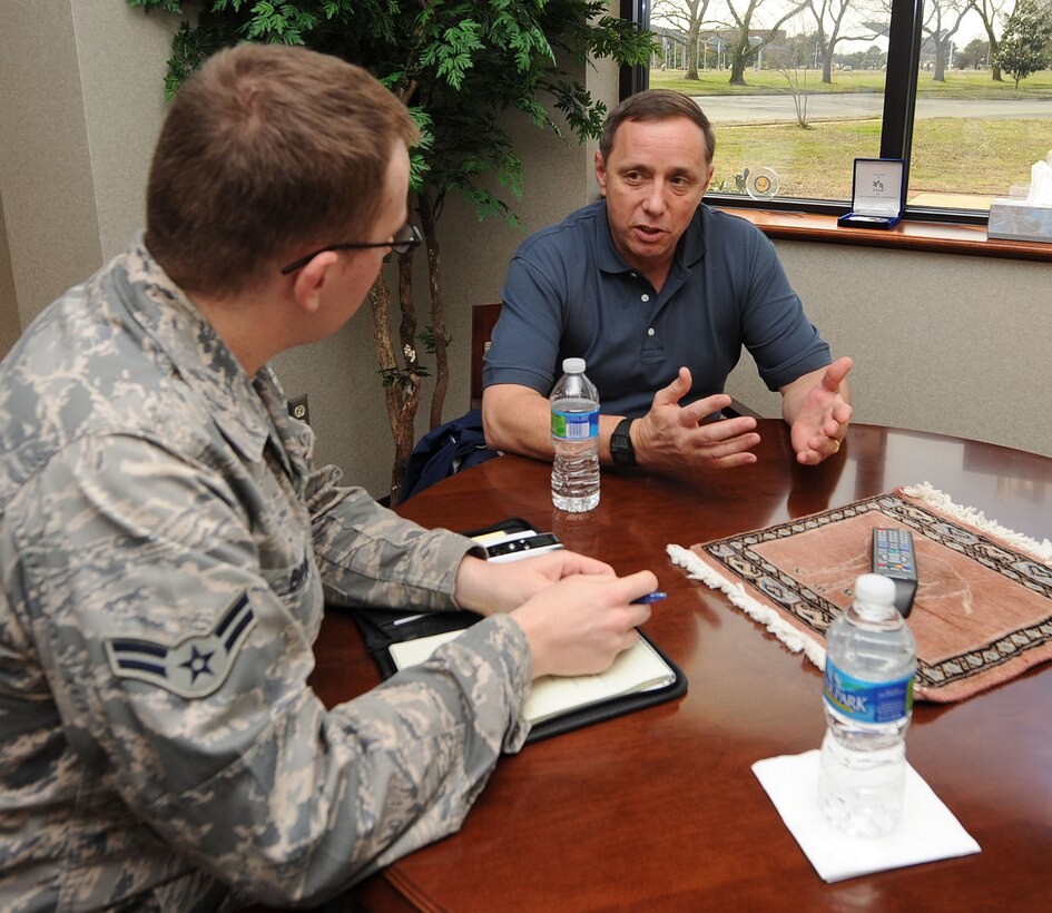 LANGLEY AIR FORCE BASE, Va. -- Retired Chief Master Sgt. of the Air Force
Frederick J. Finch is interviewed by Airman 1st Class Jason Brown, 633d Air Base Wing
Public Affairs journalist, at the 633 ABW Headquarters building March 17. The visit provided Finch an opportunity to see progress on the installation following the recent stand-up of Joint Base Langley-Eustis. (U.S. Air Force photo/Airman Rebecca Montez)
