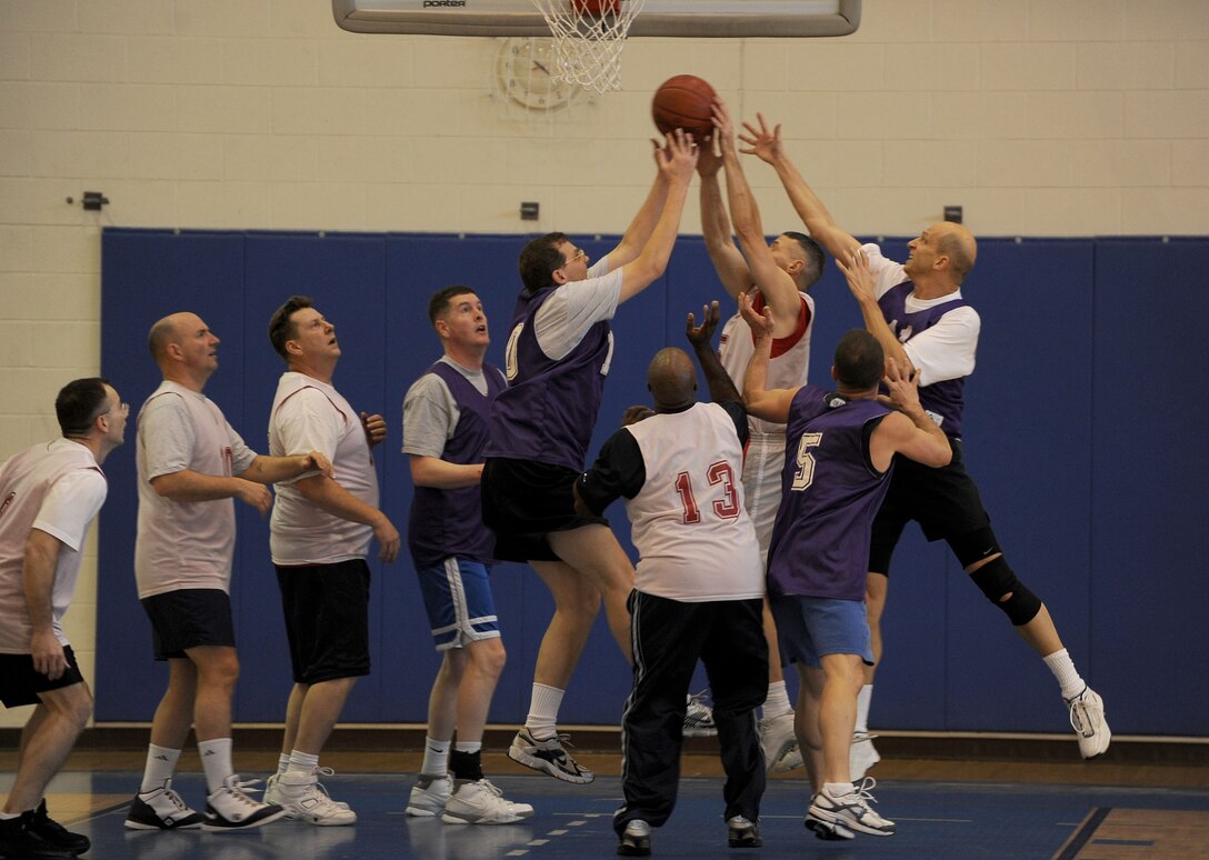 LANGLEY AIR FORCE BASE, Va. -- The Chiefs and Eagles battle it out during a March Madness game at the Shellbank Fitness Center March 19. This is the first year the two ranks have competed against each other here at Langley; Chiefs won, 50-38. (U.S. Air Force photo/Airman Rebecca Montez)