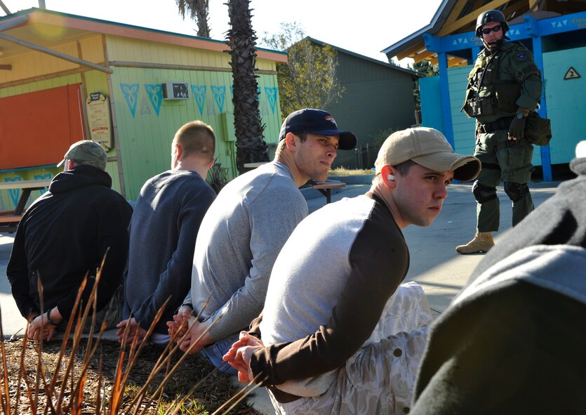 VALDOSTA, Ga. -- Members of the 23rd and 823rd Security Forces Squadrons participate in a disaster drill held at Wild Adventures Water and Theme Park here March 15. “Even though they weren’t actively practicing their security skills, they were able to observe how the civilian agencies react. It’s always useful to see how others respond during a crisis because you might be able to incorporate those tactics,” said Capt. Christopher Snell, 823rd Security Forces Squadron commander and the “shooter” during the exercise. (U.S. Air Force photo by Staff Sgt. Schelli Jones/Released)