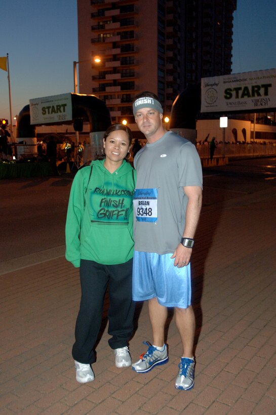 VIRGINIA BEACH, Va. -- Master Sgt. Brian Griffiths, 1st Maintenance Operations Squadron maintenance management analysis superintendent, brought his wife, Tech. Sgt. Jennifer Griffiths, 633d Force Support Squadron Airman Leadership School instructor, and their children to the half-marathon for support March 21. Griffiths finished the 13.1-mile race in 1 hour, 58 minutes and 16 seconds. (U.S. Air Force photo/Airman 1st Class Jason J. Brown)
