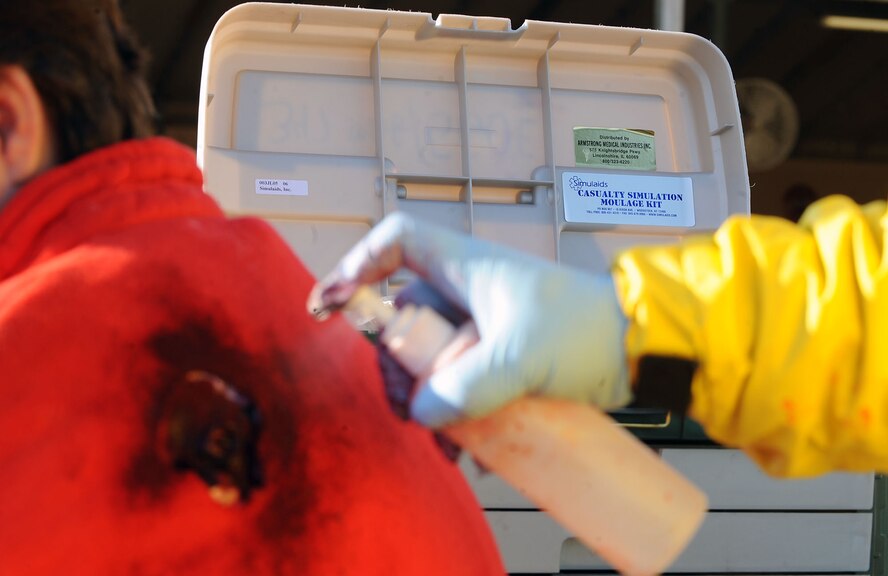 VALDOSTA, Ga. -- Volunteers are moulaged during a disaster drill held by the Lowndes County Sheriff’s Office at Wild Adventures Water and Theme Park here March 15. The drill involved a love triangle and hostage situation, allowing Lowndes County agencies practice in case an event like this takes place in real life. (U.S. Air Force photo by Airman 1st Class Joshua Green/Released)