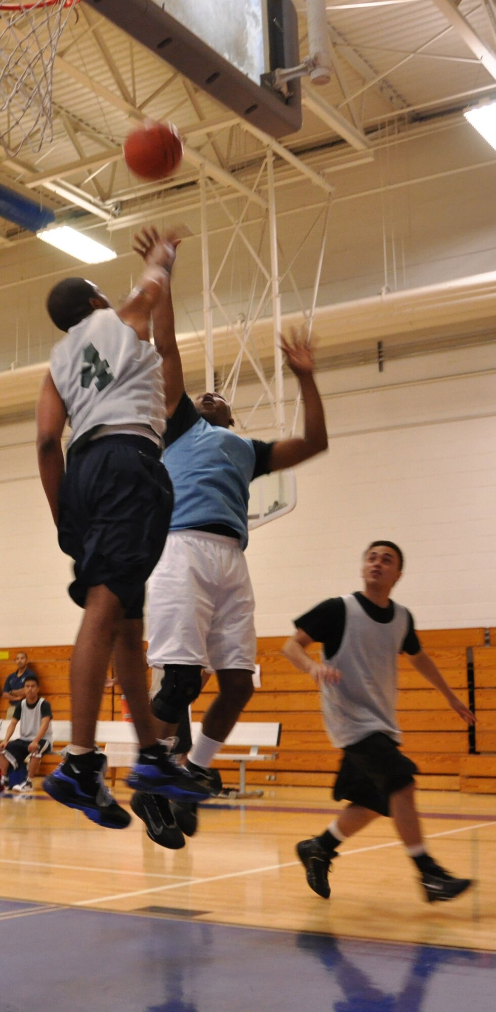 EGLIN AIR FORCE BASE, Fla. – A player from the 96th Logistics Readiness Squadron goes up for the lay up during the 2010 Eglin Intramural Basketball Championship in the fitness center, March 17. The 96th Medical Group was crowned champions after beating LRS, 61-55. (U.S. Air Force photo/ Airman 1st Class Anthony Jennings)