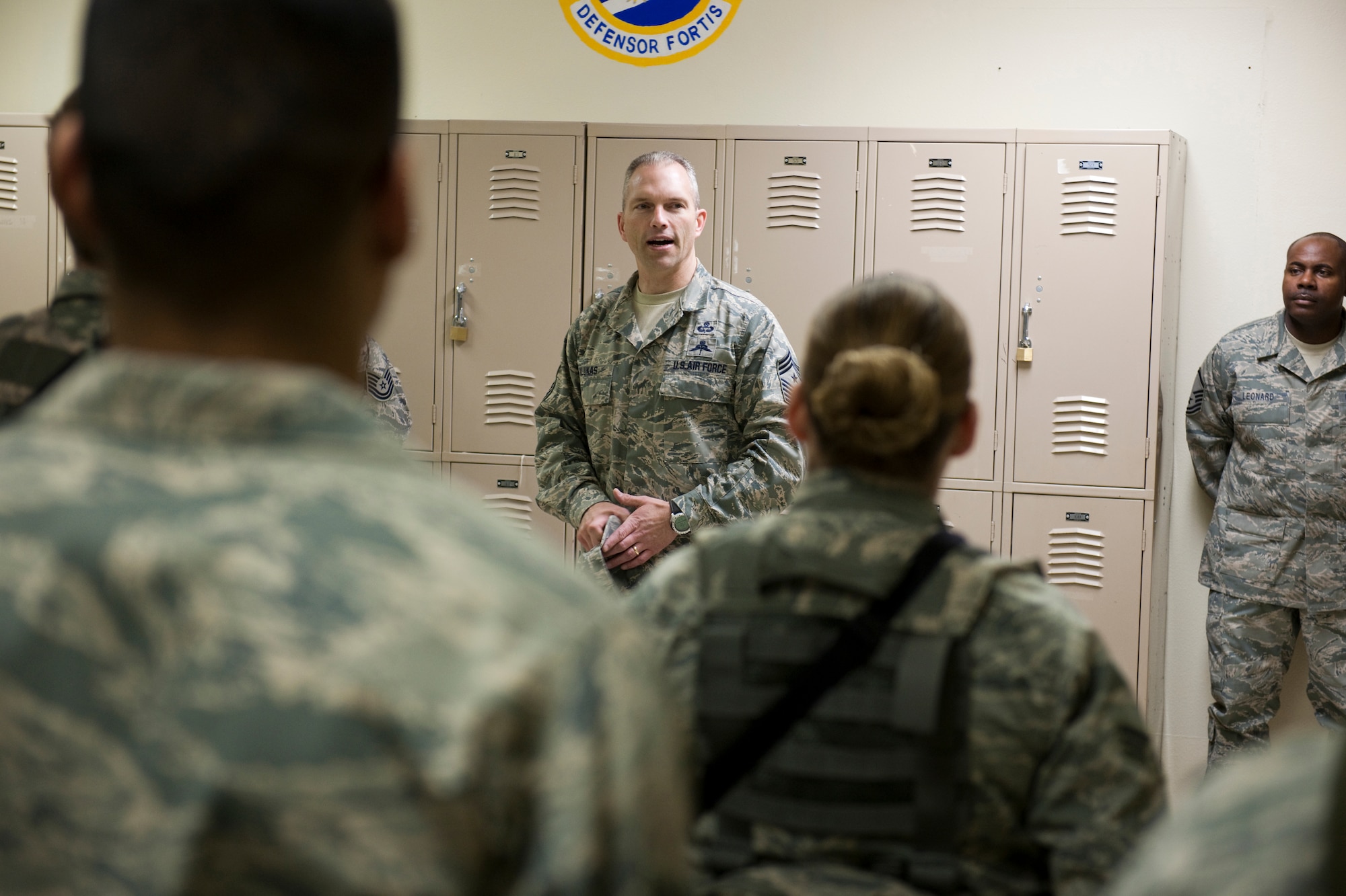 HOLLOMAN AIR FORCE BASE, N.M. -- Chief Master Sgt. Martin Klukas, the Air Combat Command command chief, speaks to members of the 49th Security Forces Squadron during his tour of Holloman March 14, 2010. Chief Klukas was the guest speaker at the annual Chief Recognition Ceremony where Holloman's five newly promoted chief master sergeants were honored. (U.S. Air Force photo by Staff Sgt. Joe Laws) (Released)