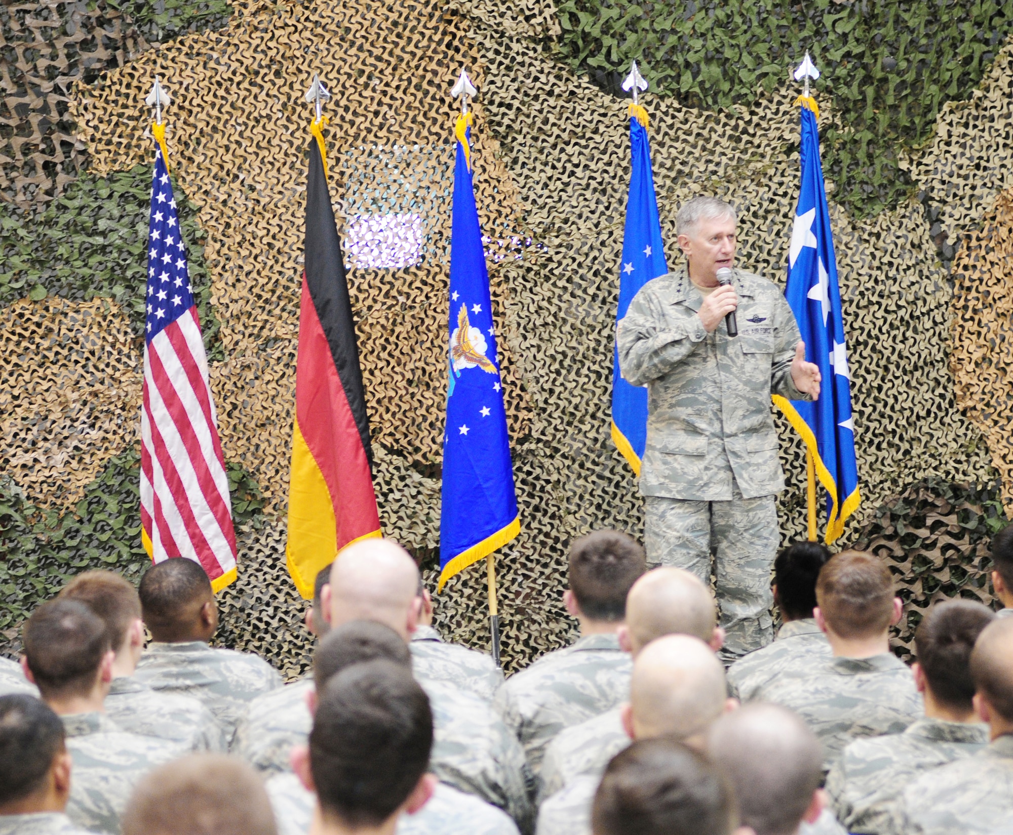 Gen. Roger A. Brady, U. S. Air Forces in Europe commander, speaks to members of the 435th Air Ground Operations Wing during a commander's call March 16, 2010. General Brady and Chief Master Sgt. Pamela Derrow, USAFE command chief master sergeant, spent the day visiting the facilities of the 435th AGOW. It was their first visit to USAFE's newest wing since it stood up in July 2009. (U.S. Air Force photo/Airman Desiree Esposito)