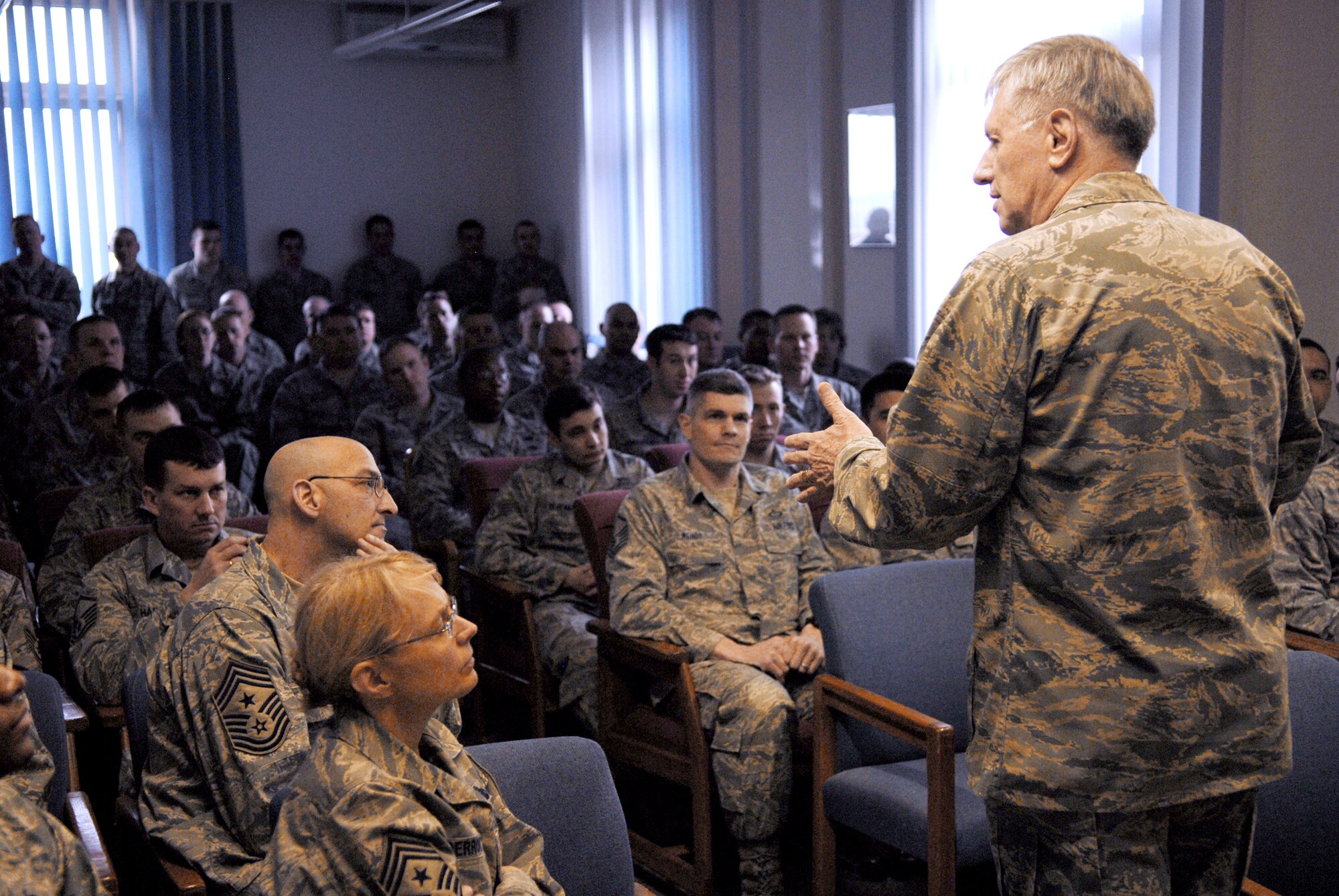 Gen. Roger A. Brady, U.S. Air Forces in Europe commander, addresses members of the 4th Air Support Operations Group during a special commander's call March 16, 2020, at Wiesbaden Army Air Field, Germany.  (U.S. Air Force photo/Capt. John Ross)