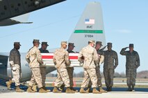 A U.S. Marine Corps team transfers the remains of Marine Corps Cpl. Jonathan D. Porto, of Largo, Fla., at Dover Air Force Base, Del., March 16. Porto was assigned to the 1st Battalion, 6th Marine Regiment, 2nd Marine Division, II Marine Expeditionary Force, Camp Lejeune, N.C. (U.S. Air Force photo/Roland Balik)