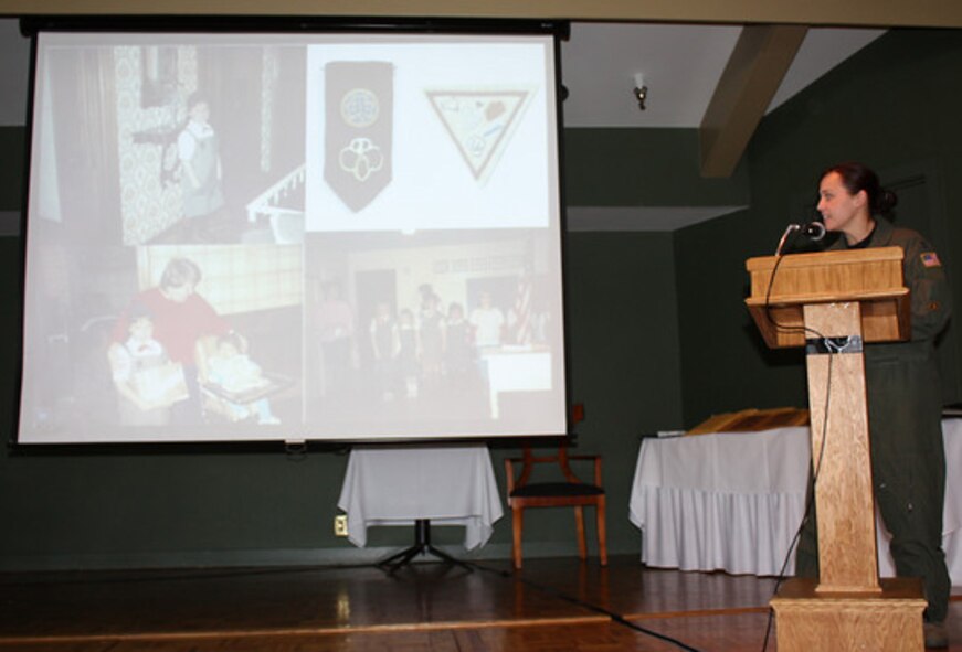 Capt. Jessica Guarini, a pilot with the 911th Air Refueling Squadron, gives a presentation to the North Carolina Girl Scouts Coastal Pines annual meeting. (Courtesy photo)