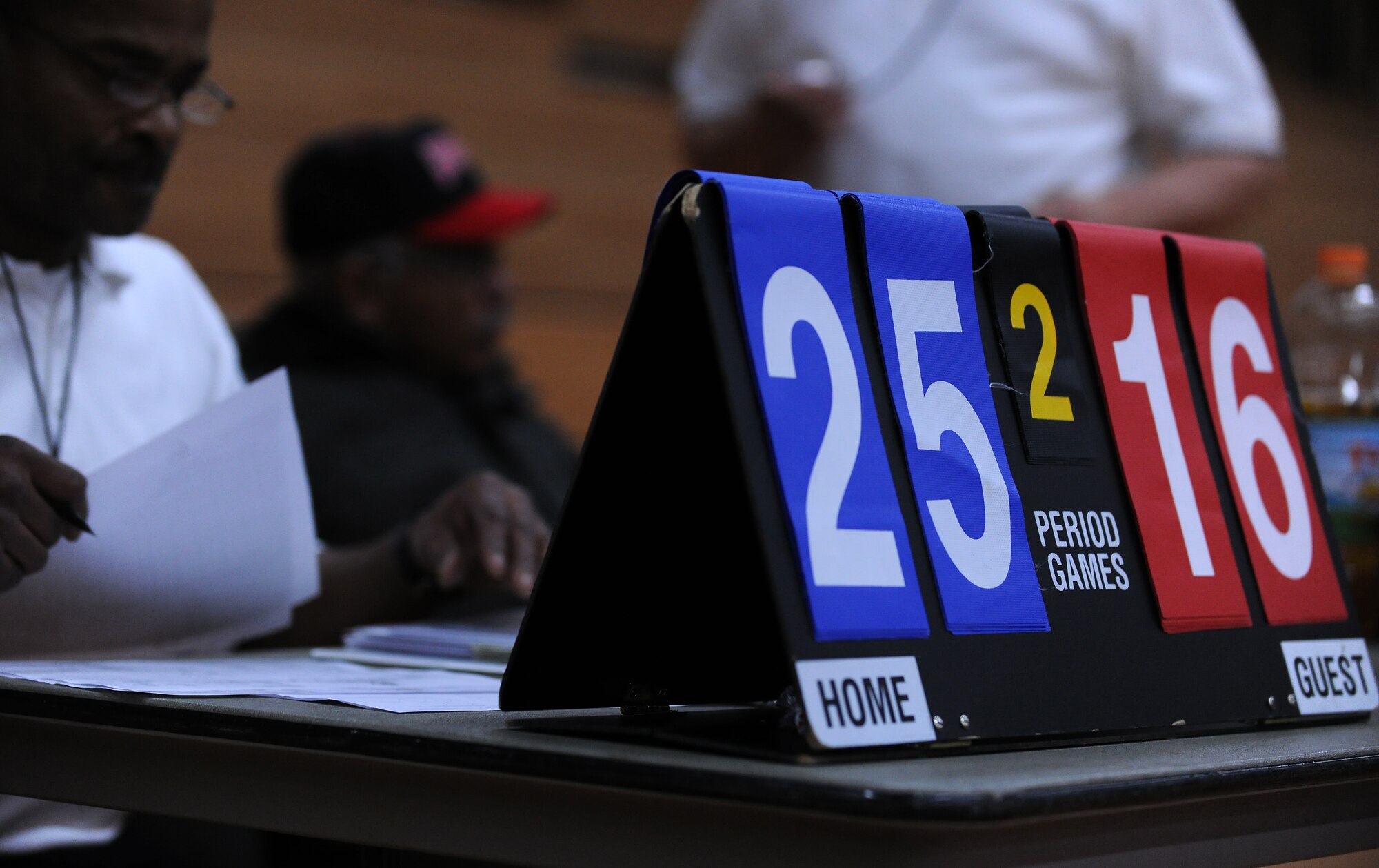 SPANGDAHLEM AIR BASE, Germany – A Referee tallies the final points of an intramural volleyball match between the 52nd Logistics Readiness Squadron and the 52nd Civil Engineer Squadron at Skelton Memorial Fitness Center March 17. The 52nd CES defeated the 52nd LRS by sweeping the match 2-0. (U.S. Air Force photo/Senior Airman Nathanael Callon)