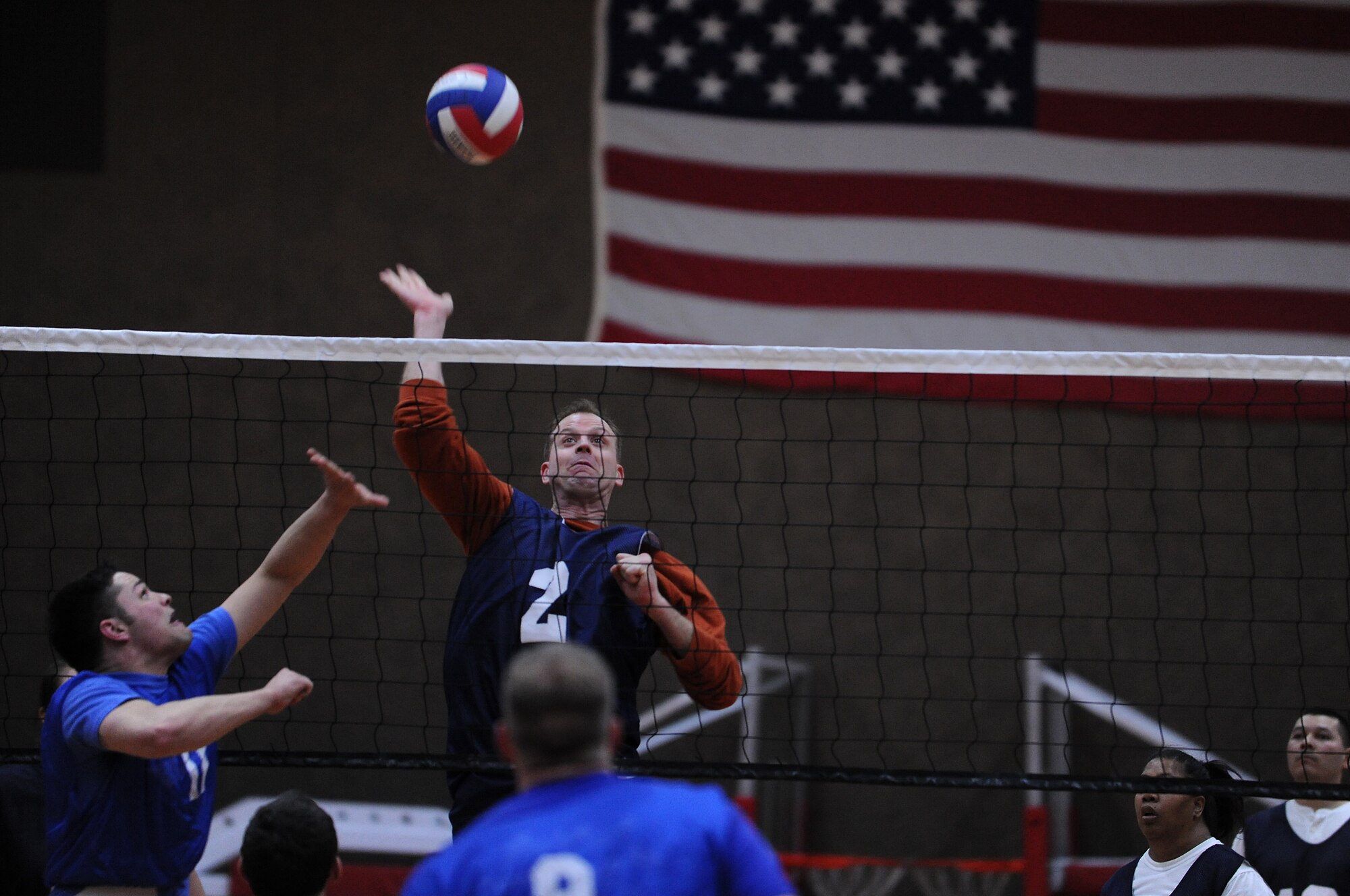 SPANGDAHLEM AIR BASE, Germany –Shayne Somavia, 52nd Logistics Readiness Squadron, spikes the ball during the second game of an intramural volleyball match at Skelton Memorial Fitness Center March 17. The 52nd Civil Engineer Squadron defeated the 52nd LRS by sweeping the match 2-0. (U.S. Air Force photo/Senior Airman Nathanael Callon)