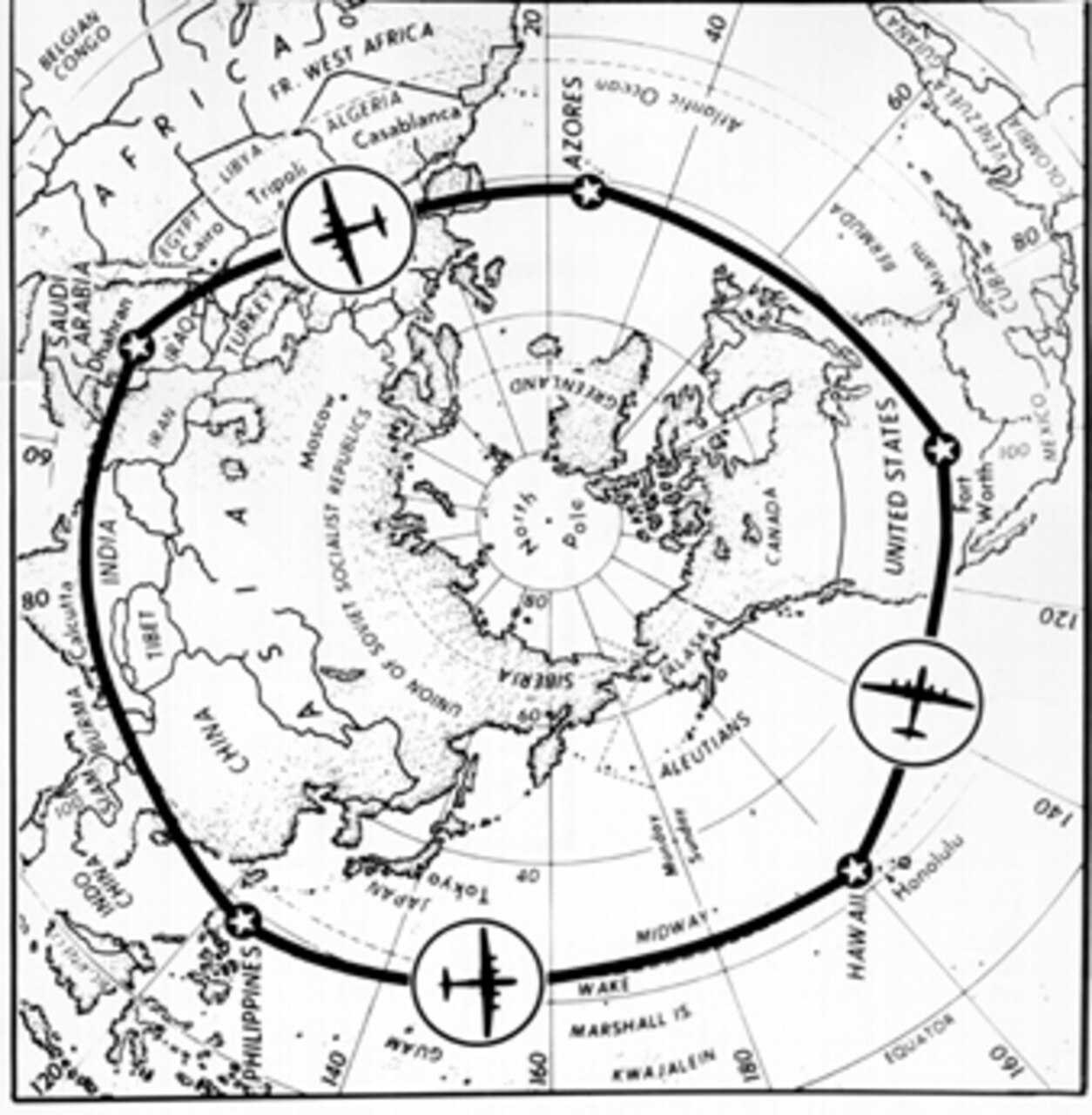 Lucky Lady II Flight Map for first non-stop around-the-world flight, 2 March 1949; 