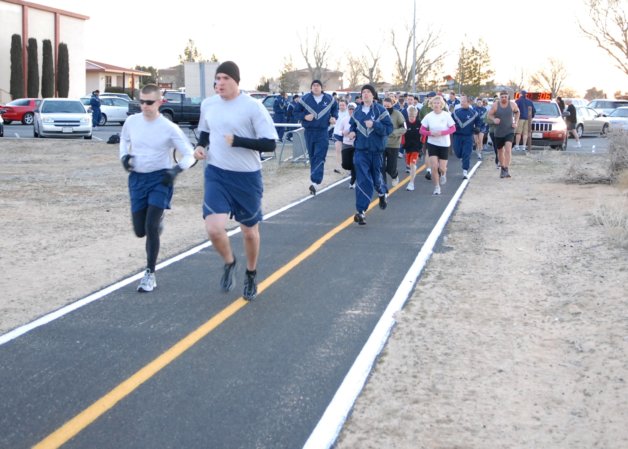Edwards Airmen run in the Edwards St. Patrick's Day Fun Run March 17. The run was five kilometers and roughly 60 people participated. (Air Force photo/Senior Airman William A. O'Brien)