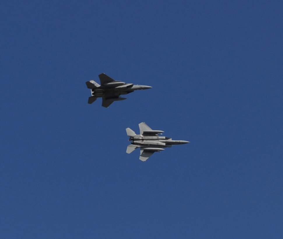 LANGLEY AIR FORCE BASE, Va. -- Two F-15C Eagles from the 71st Fighter Squadron return home March 20 from a two week deployment. Ten F-15C Eagles from the 71st FS joined aircraft and personnel from five other bases to take part in a two week exercise called FANG Flag in Savannah, Ga. (U.S. Air Force photo/Airman Rebecca Montez)