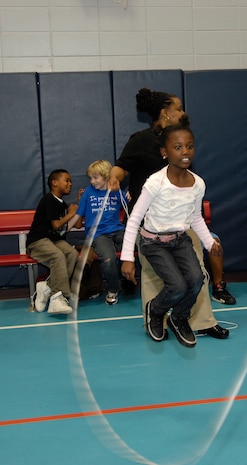 Kaiya Johnekins competes in a jump rope competition at the Youth Programs Center on Joint Base Charleston, S.C., March 22, 2010. The competition was held between the Navy and Air Force youth centers and involved a process of elimination. Kaiya is the daughter of Petty Officer 1st Class Nadege Saintfestin, who is with the Naval Operations Support Center. (U.S. Air Force Photo/Airman 1st Class Lauren Main)