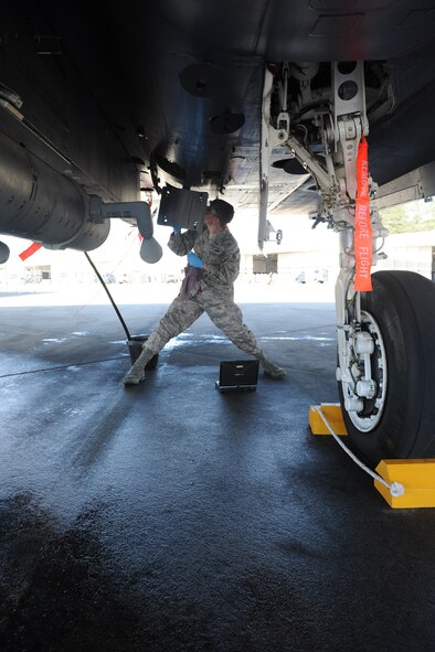 SEYMOUR JOHNSON AIR FORCE BASE, N.C. -- Senior Airman Bobby Kerr, 307th Fighter Squadron reservist crew chief, opens a panel underneath an F-15E strike Eagle on Seymour Johnson Air Force Base, N.C., March 19, 2010. Airman Kerr is one of the first crew chiefs assigned to the 307th FS. Kerr hails from Boone, N.C. (U.S. Air Force photo/Senior Airman Whitney Lambert)