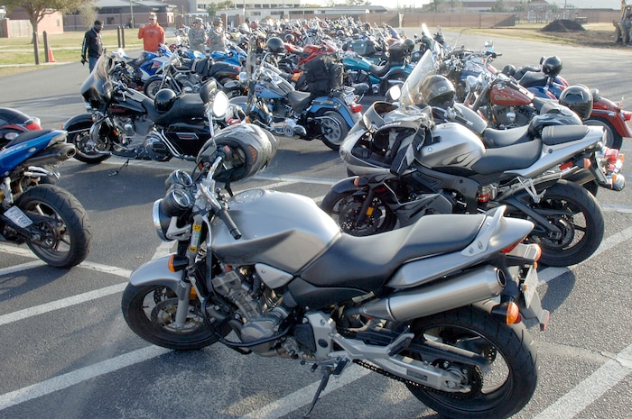 One hundred and thirty-four bikes sit in the parking lot of the base theater as members of Joint Base Charleston receive an annual mandatory briefing, which kicked off Air Mobility Command?s Spring Safety Focus March 19, 2010. More than 200 participants and 134 motorcycles from Joint Base Charleston showed up to compete in a "best in show" contest and had the opportunity to participate in a Motorcycle Mentoring ride to Naval Weapons Station Short Stay after the mandatory meeting. (U.S. Air Force photo/Staff Sgt. Marie Brown)

