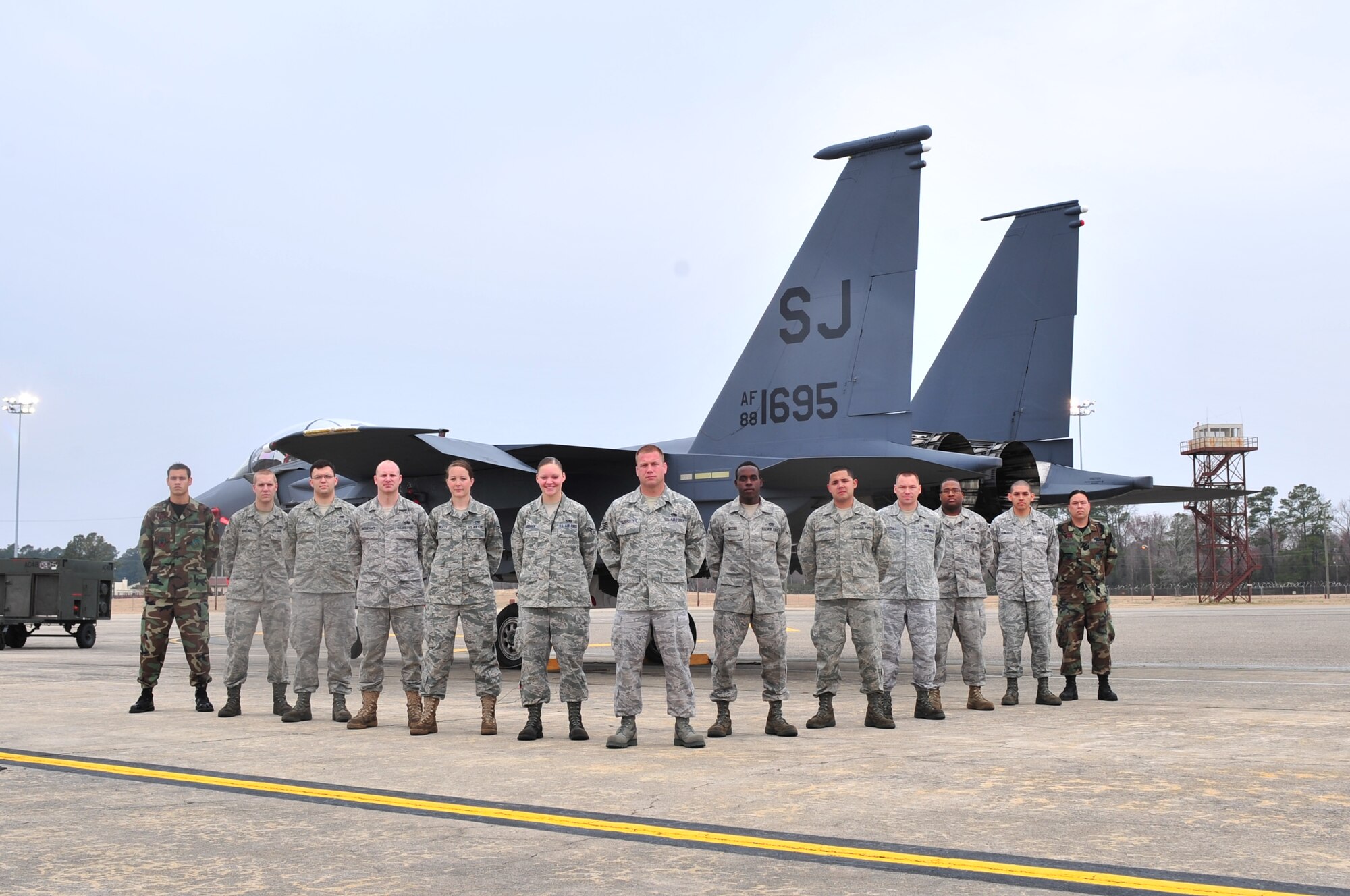 Airmen from the 4th Aircraft Maintenance Squadron and 4th Equipment Maintenance Squadron stood-out above their peers during the February Phase I Operational Readiness Exercise at Seymour Johnson Air Force Base, N.C. The Airmen formed the team that generated the first F-15E Strike Eagle of the ORE. (U.S. Air Force photo/Senior Airman Rae Perry)