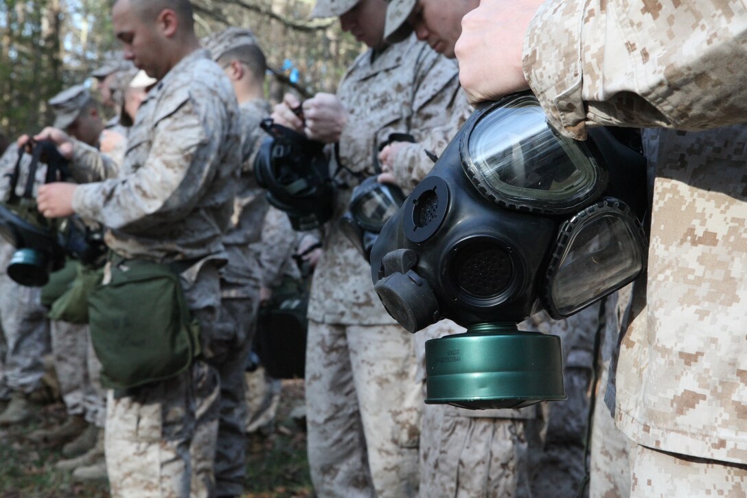 Marines with the 26th Marine Expeditionary Unit command element conduct gas chamber training in order to fulfill requirements for their annual training aboard Ft. Pickett, Va., March 24, 2010. The entire 26th MEU consisting of BLT 3/8, CLB 26, and VMM-266 will spend the next 6 months doing training for their upcoming deployment. (Official United States Marine Corps Photo by Lance Corporal Tammy K. Hineline)