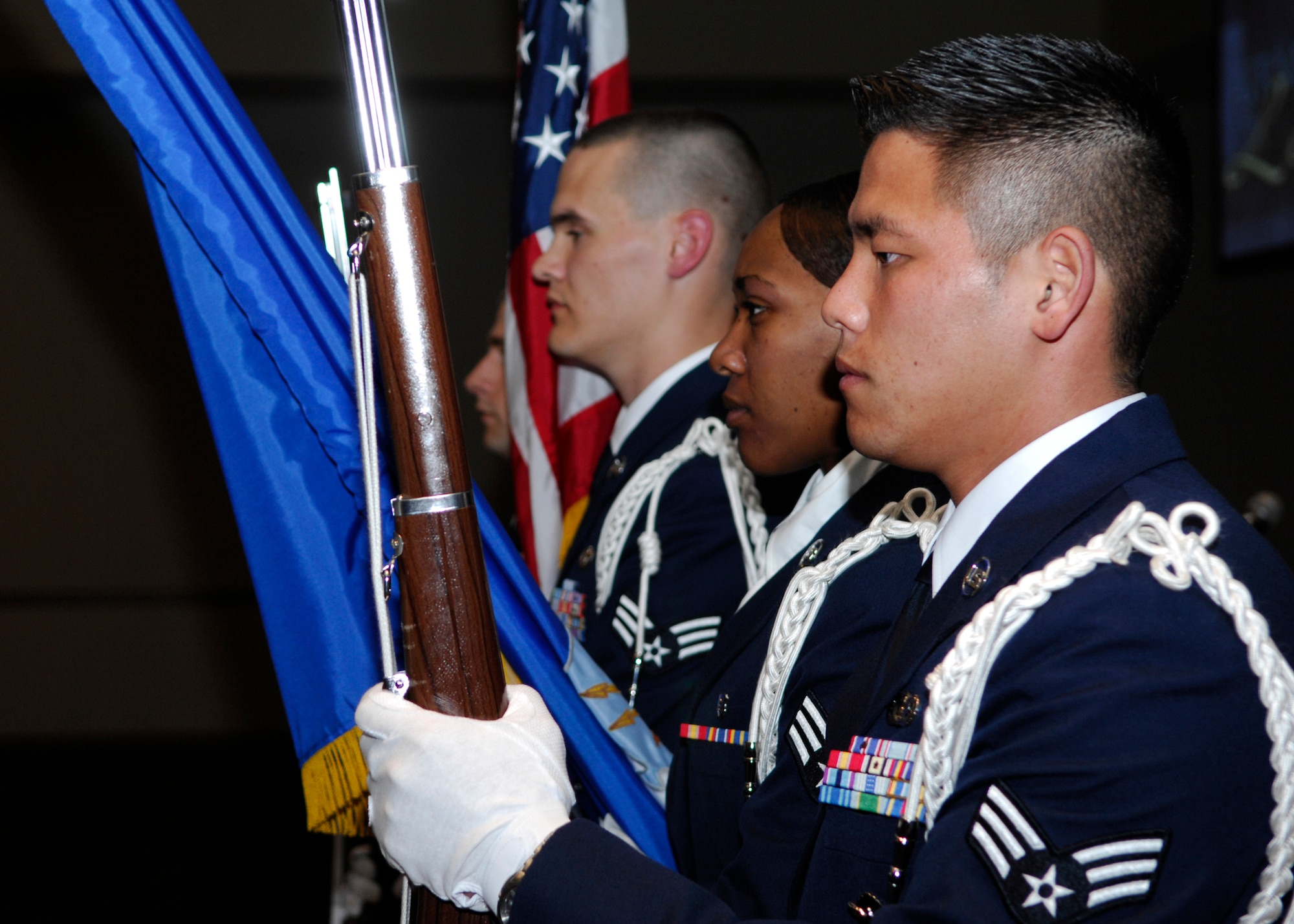 VANDENBERG AIR FORCE BASE, Calif. -- After learning ceremonial guardsman procedures, graduating students from Airman Leadership School post the colors prior to the graduation ceremony at the Pacific Coast Club here Tuesday, March 23, 2010. The ALS class, the sixth this year, graduated 15 students. (U.S. Air Force photo/Senior Airman Heather R. Shaw)
