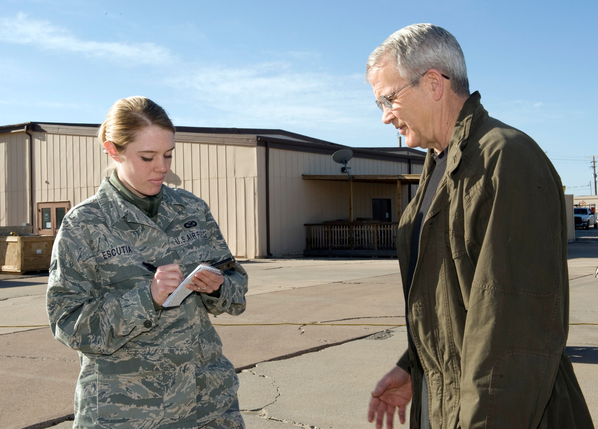 HOLLOMAN AIR FORCE BASE, N.M. -- Airman 1st Class Sondra Escutia, 49th Fighter Wing Public Affairs journalist, interviews retired Marine Lt. Col. Oliver North with the Fox News Channel, Feb. 18, 2010. Airman Escutia took third place in the news article and photojournalism category, second place in the feature article category and first place in the art and graphic category of the 2009 Air Combat Command Media Contest recently. (U.S. Air Force photo by Tech. Sgt. Alan Port)