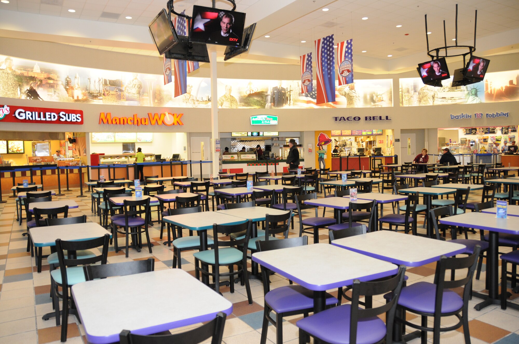 The new food court at the base exchange that opened March 18 features Charlie’s Steakery, Manchu Wok, Taco Bell, Baskin Robbins, Anthony’s Pizza and Subs and Starbucks.  (U.S. Air Force photo by Kemberly Groue)