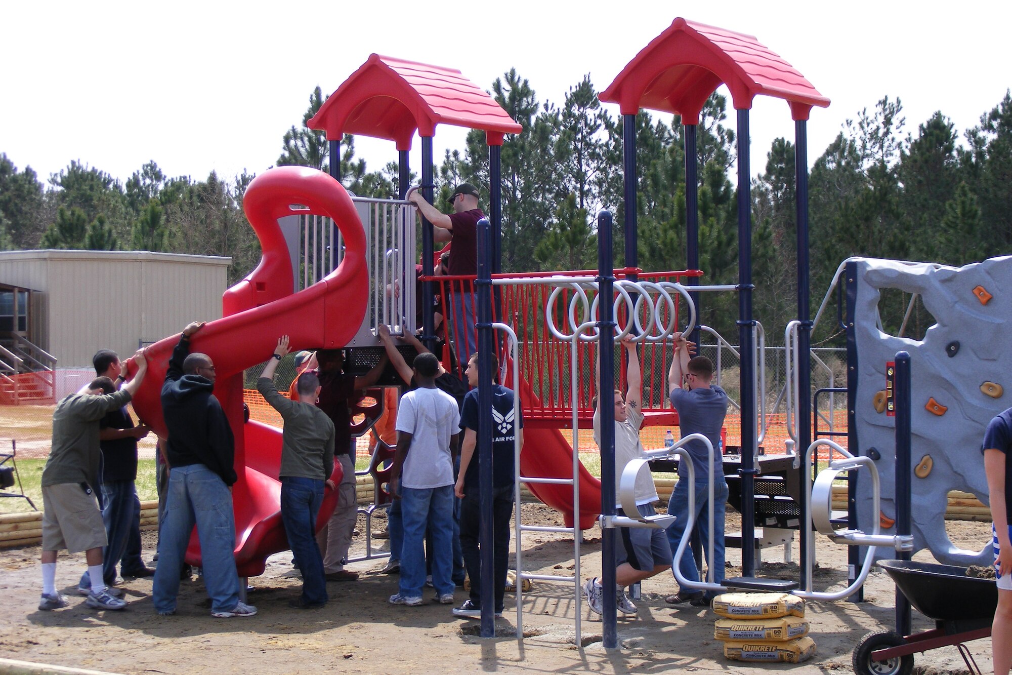Thirty-Two “white rope” leaders from the chapel’s nonprior service community were among the Keesler volunteers who helped construct a new playground at Biloxi’s North Bay Elementary School.  (U.S. Air Force photo by Chaplain (Capt.) Charles Mallory)
