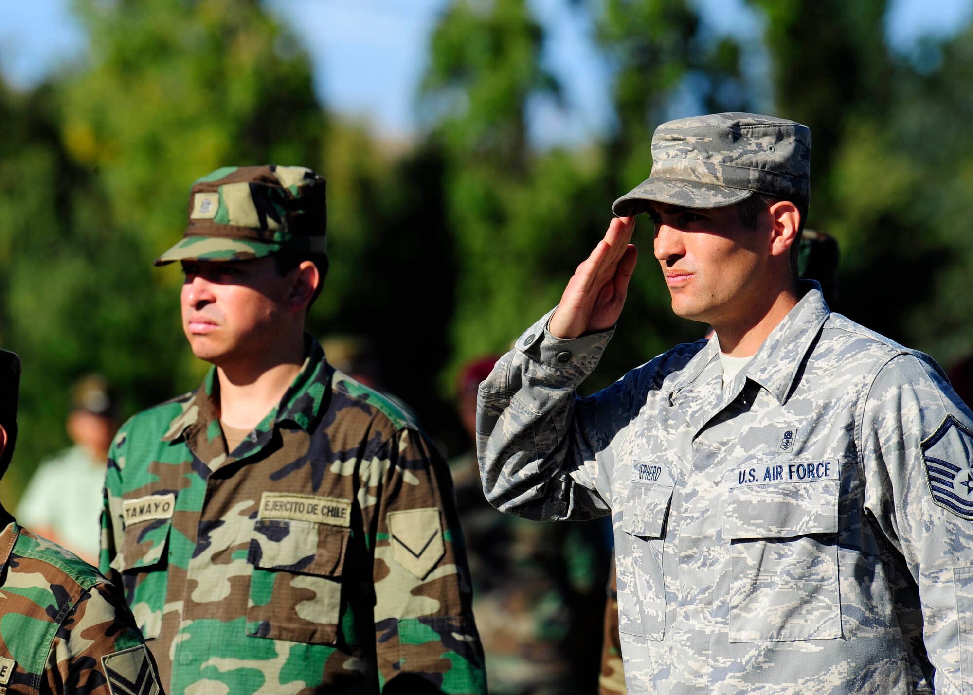 Master Sgt. Joel Shepherd salutes during the U.S. national anthem at the donation ceremony of the expeditionary hospital March 24, 2010, in Angol, Chile. Members of the Air Force Expeditionary Medical Support team arrived in Chile March 10 and with help from members of the Angol community, the Chilean army and the U.S. Agency for International Development, the hospital was fully operational by March 13. Sergeant Shepherd is the Air Force Expeditionary Medical Support team first sergeant. He is assigned to the 81st Aerospace Medical Squadron at Keesler Air Force Base, Miss. (U.S. Air Force photo/Senior Airman Tiffany Trojca) 

