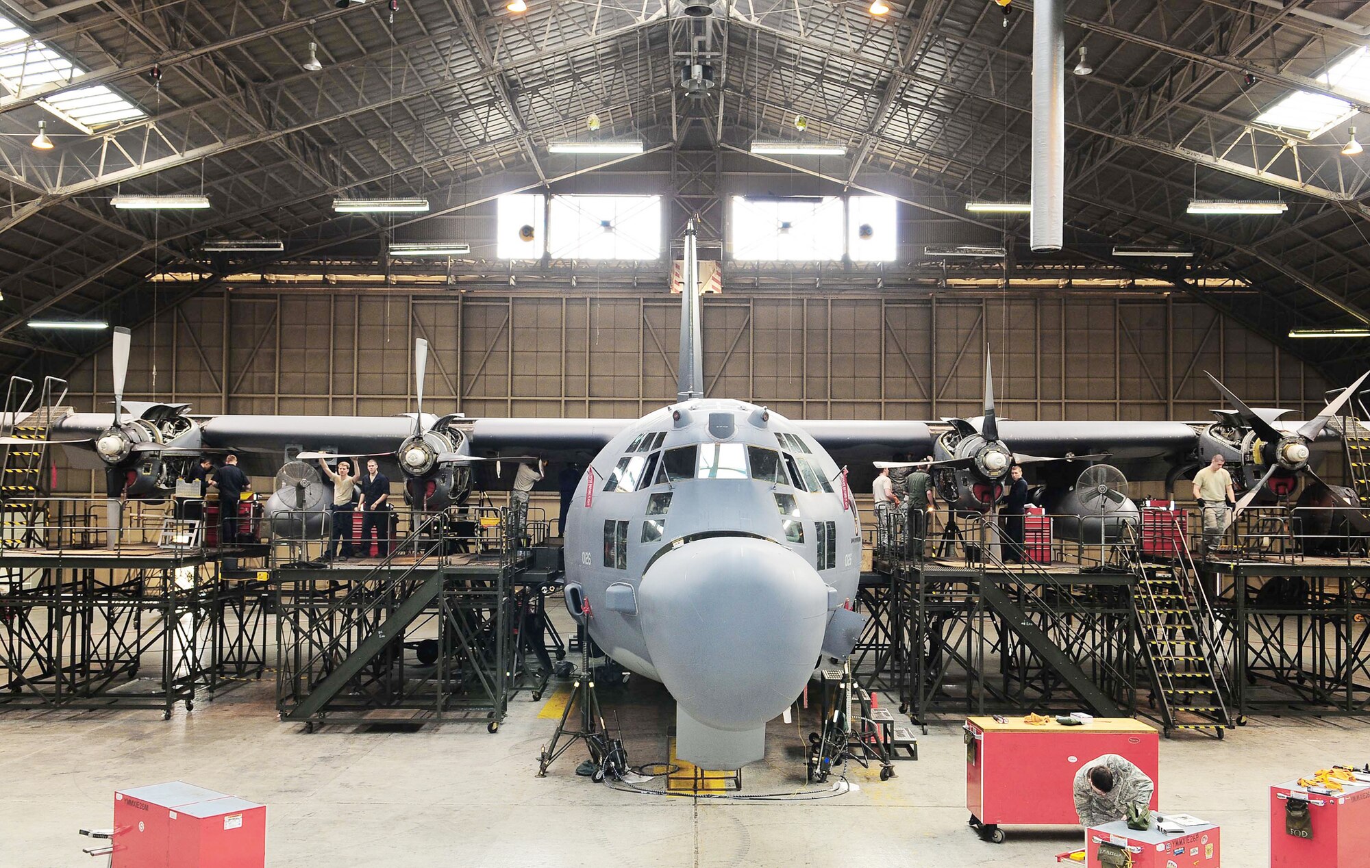 A C-130 Hercules undergoes an isochronal inspection March 16, 2010, at Yokota Air Base, Japan. An ISO inspection consists of a 14-day detailed inspection before the plane is ready for re-launch. (U.S. Air Force photo/Airman 1st Class Devin Doskey)