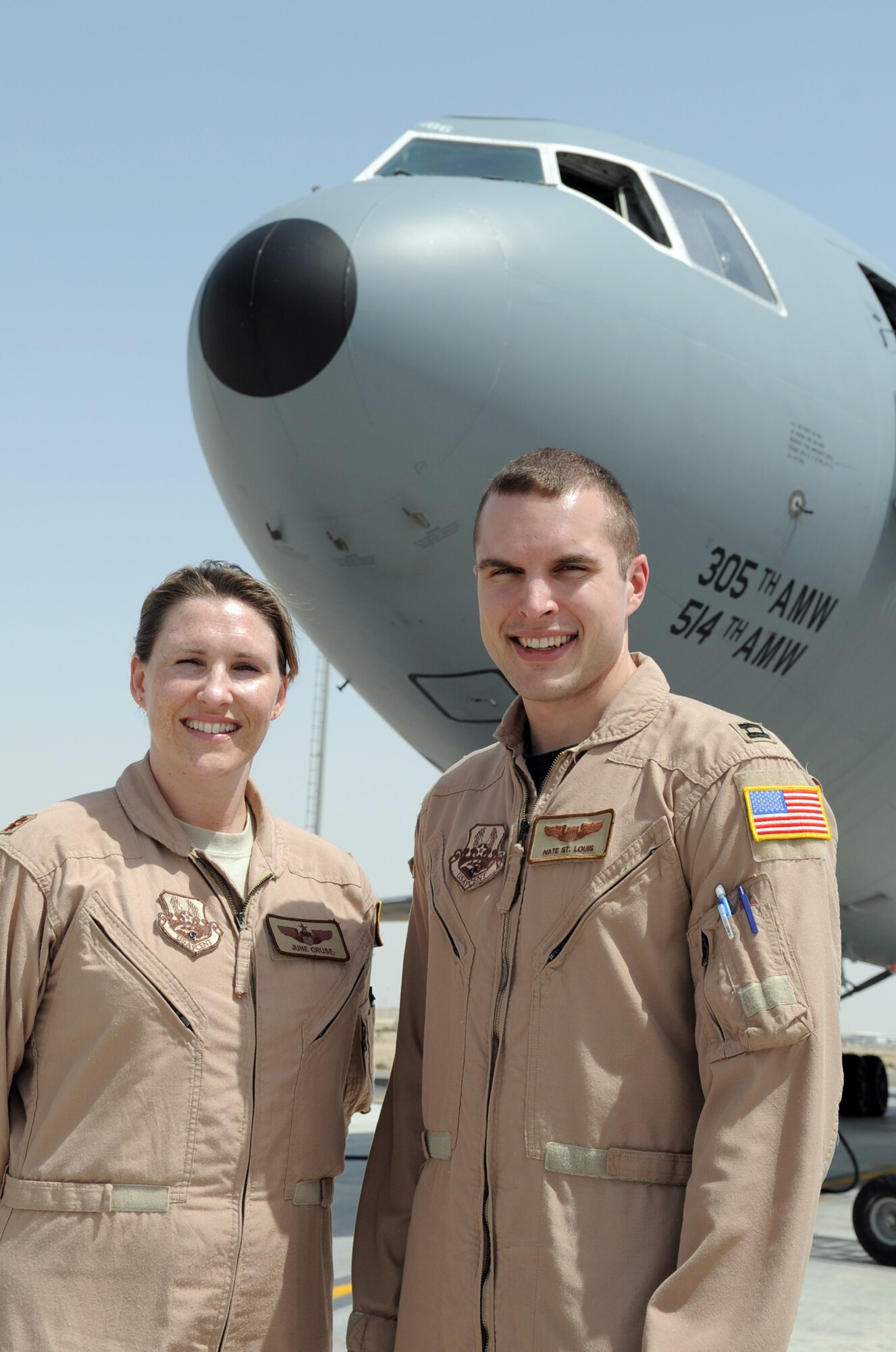 Maj. June Cruse, 908th Expeditionary Air Refueling Squadron operations officer, and Capt. Nate St. Louis, 908th EARS assistant operations officer, are both KC-10 Extender pilots and are shown here next to a KC-10 at a non-disclosed base in Southwest Asia. They are both deployed to the 908th EARS from Joint Base McGuire-Dix-Lakehurst, N.J., and they both are from the same county -- Rowan County -- in North Carolina. Additionally, each is a graduate of the Air Force Academy. Major Cruse is deployed from the 32nd Air Refueling Squadron at Joint Base MDL, and Captain St. Louis is from Joint Base MDL's 2nd ARS. (U.S. Air Force Photo/Master Sgt. Scott T. Sturkol/Released)