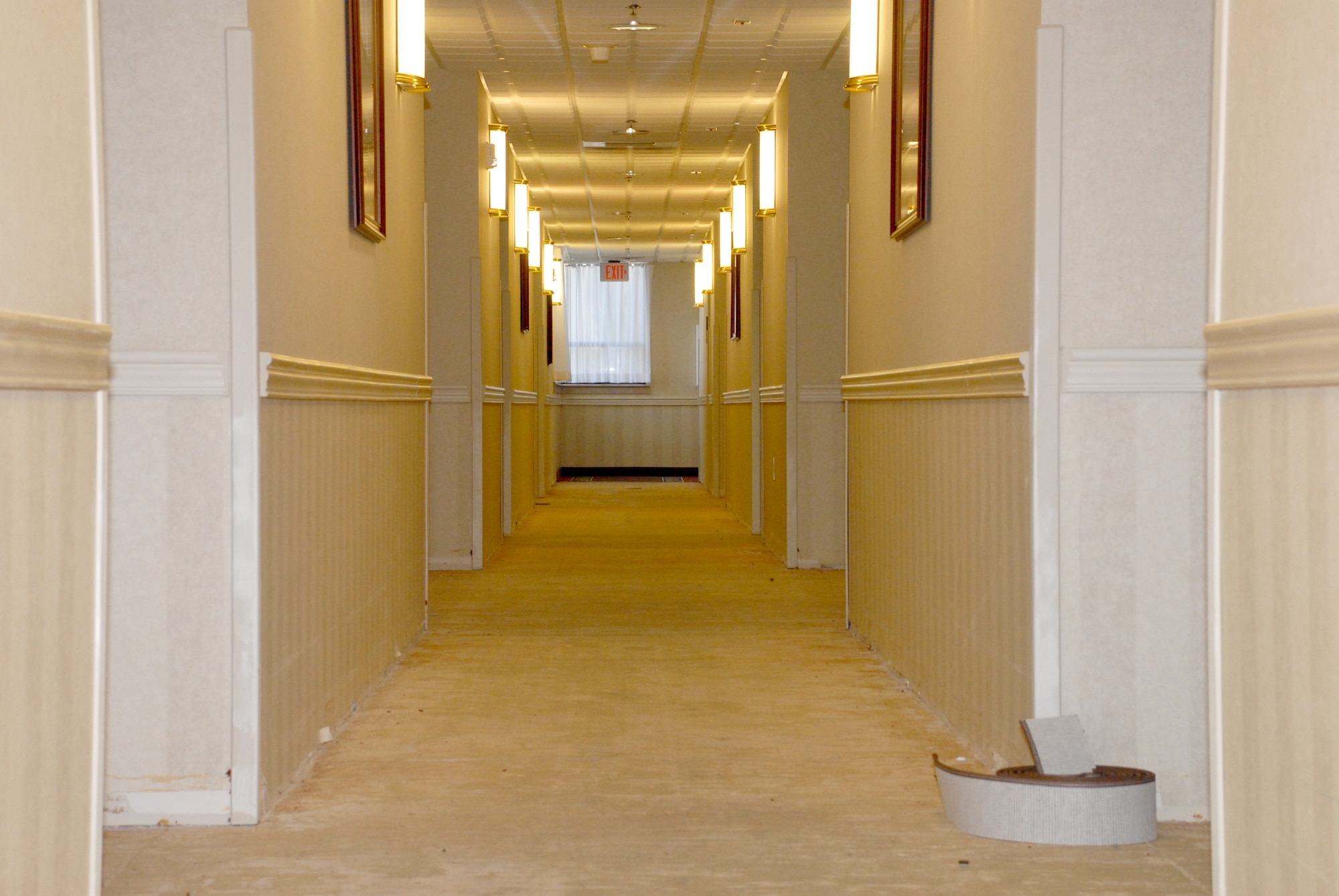 An Eagle's Rest Inn hallway undergoes a remodel March 19. Lodging is renovating room and hallway decor and is scheduled to be operating at full capacity in May. (U.S. Air Force photo/Airman 1st Class Matthew Hubby)