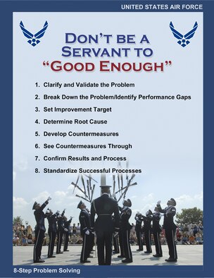 Dont Be A Servant To Good Enough.  Poster created by Col Darryl G. Treat of SAF/US(M), Col Michael S. Smith of SAF/US(M) and Ms. Susan Beall of HAF/IMMG.  Image is 8.5x11 inches @ 72 ppi.  Photo credit: U.S. Air Force photo/SRA. Alexandre Montes.  AF.mil does not provide printed posters but a high resolution PDF file of this poster is available. Requests can be made to afgraphics@dma.mil. Please specify the title and number.