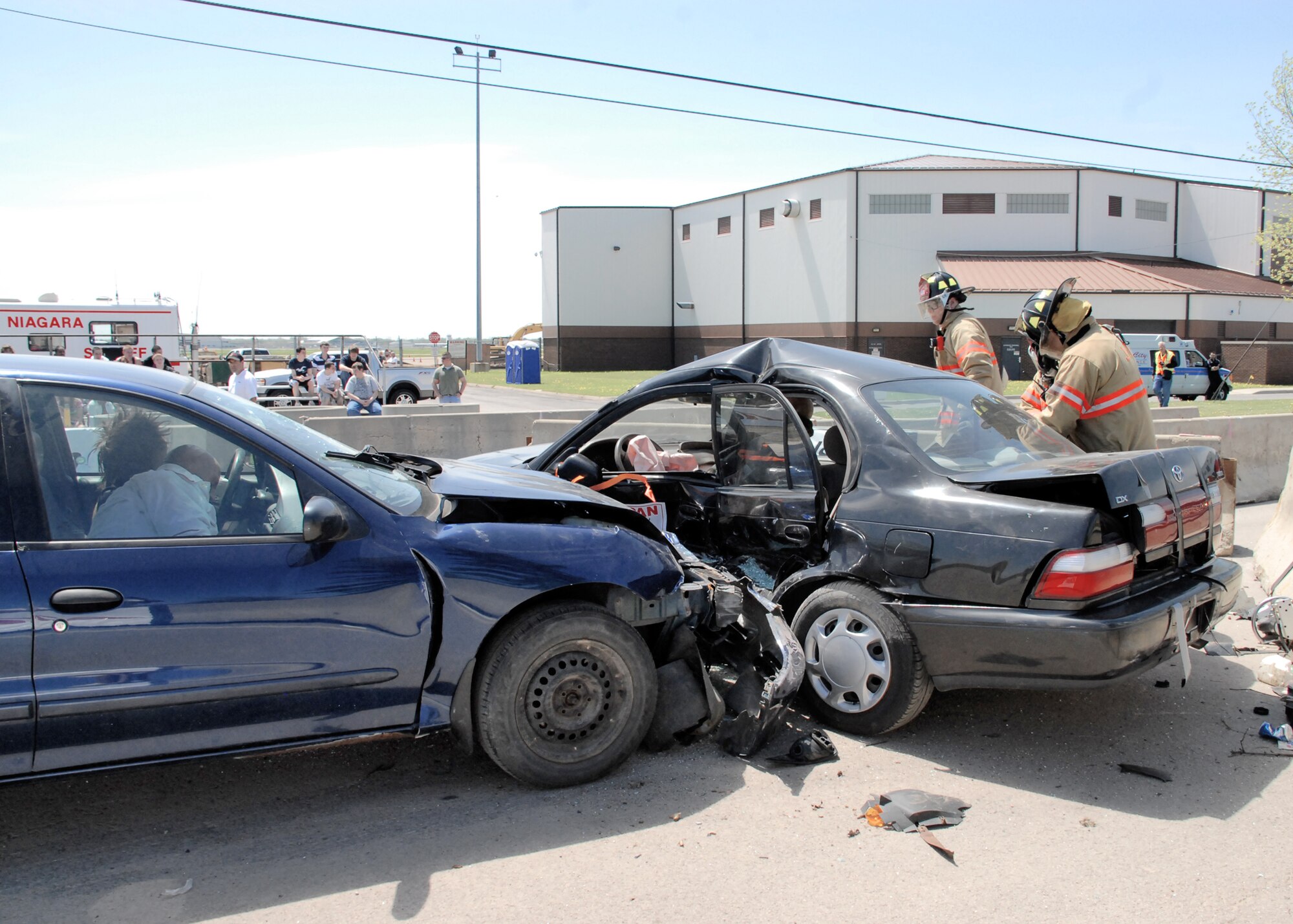 Traffic safety week at the Niagara Fall Air Reserve Station, May 13, 2009, Niagara Falls NY.  Calspan Corp. arranged  a controlled crash to show the dangers of reckless driving. (U.S. Air Force photo by Michael Harvey)
