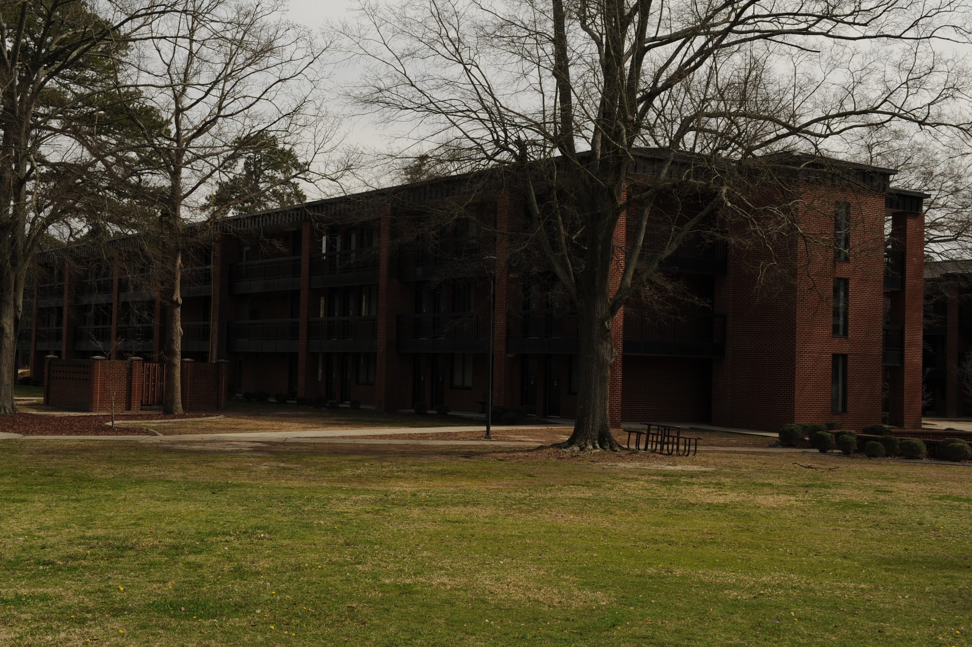 The dormitories on Seymour Johnson Air Force base, N.C., are conveniently located within walking distance to base facilities such as the fitness center, dining facility, base exchange, movie theater and shopette. Each of the 11 dormitories houses 72 Airmen in the grades of E-1 through E-4. (U.S. Air Force photo/Senior Airman Ciara Wymbs) 