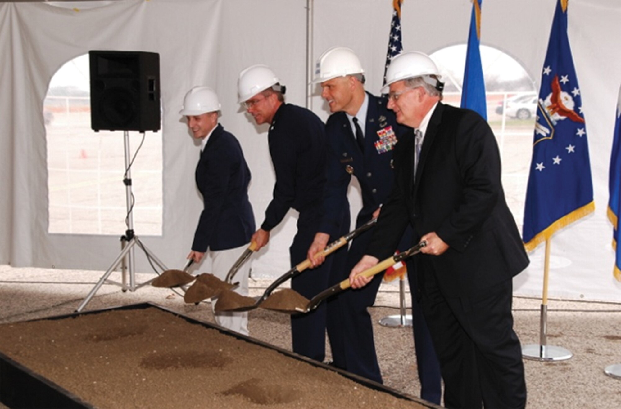 This symbolic excavation at Wright-Patterson Air Force Base, Ohio, initiates construction of Air Force Research Laboratory's Assured Aerospace Fuels Research Facility, which will enable research of alternative fuel products for military aviation use and beyond. (AFRL image)