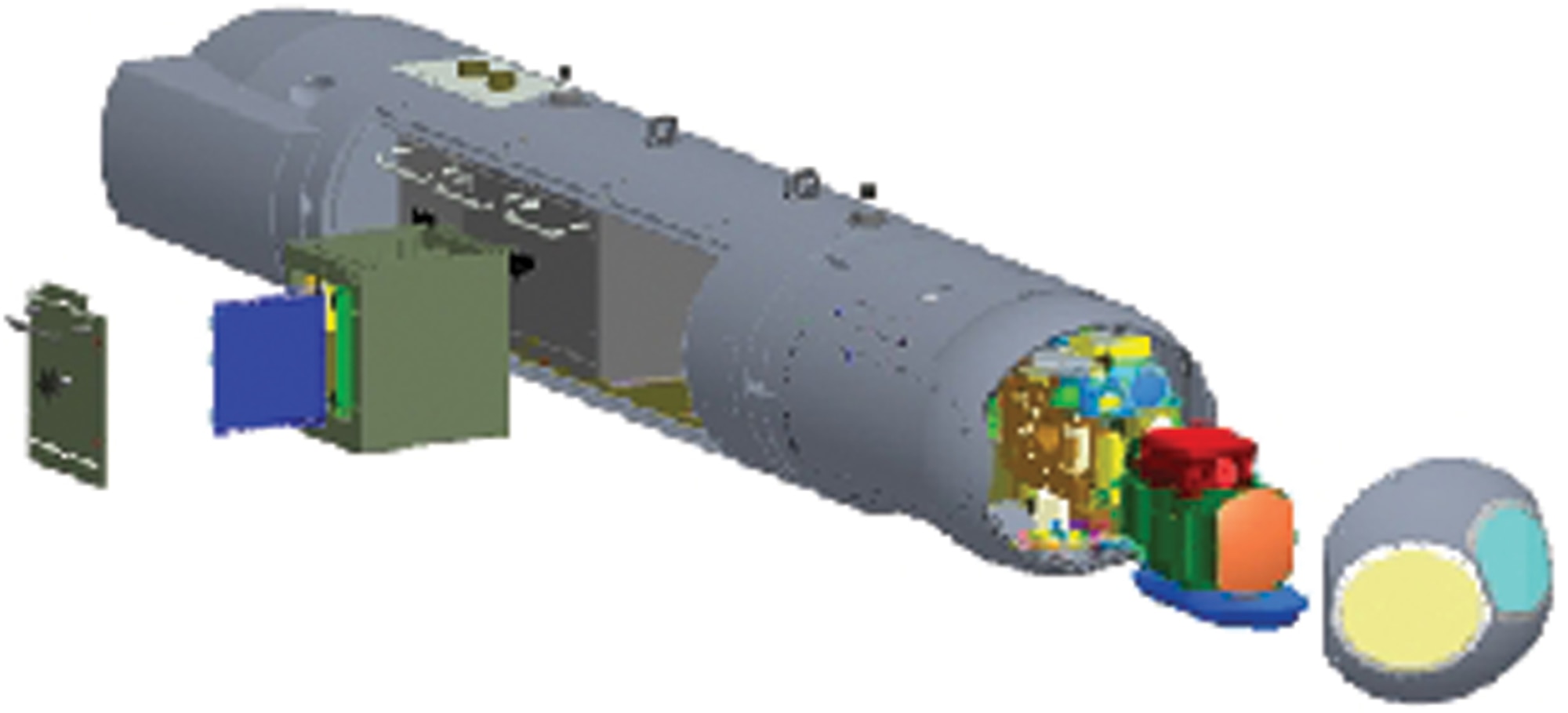 The server node of Air Force Research Laboratory's Advanced Information Management System resides on the airborne LITENING targeting pod.  AIMS provides a high-speed publish/subscribe/query capability for near-real-time delivery of critical data to tactical warfighters. (AFRL image)