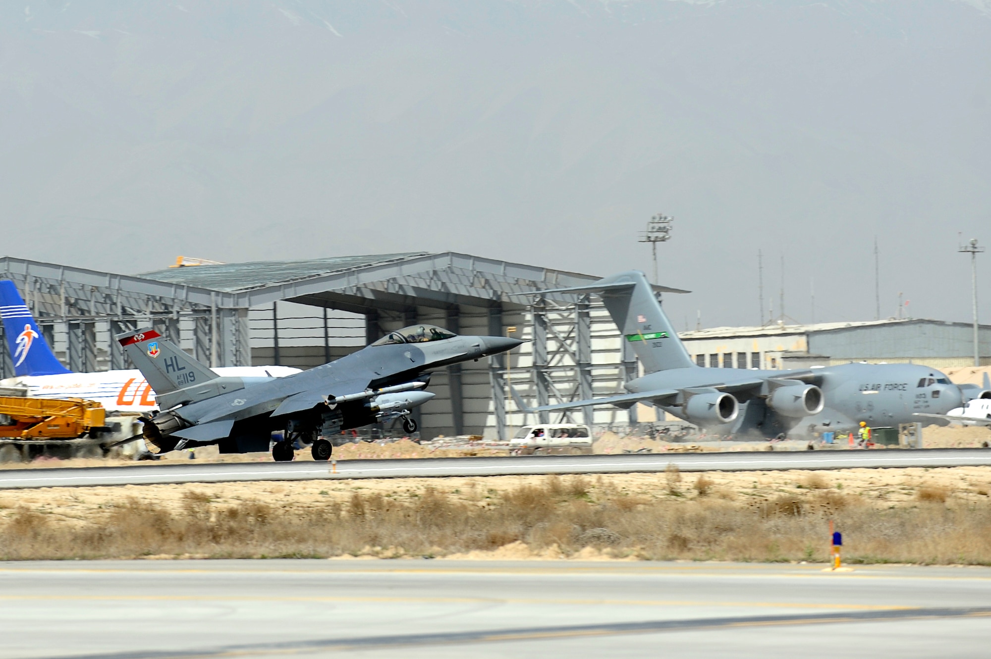 A U.S. Air Force F-16 lands at Bagram Airfield, Afghanistan, after completing 30 code 1 flights, March 23, 2010. (U.S. Air Force photo by/ Tech. Sgt. Jeromy K. Cross/released)