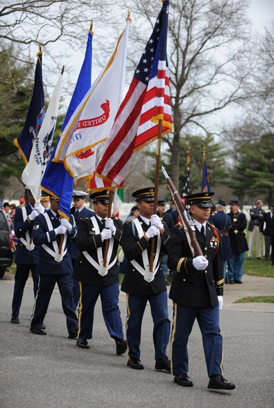 A joint Color Guard consisting of the 106th Rescue Wing and members of the Army participated in the National Medal of Honor Day Ceremony. Members of the 106th Rescue Wing Color Guard appeared at Long Island National Cemetary in Farmingdale, N.Y. on March 25, 2010 for the National Medal of Honor Day Ceremony. The event honored members of the military who were awarded the Medal of Honor for their service and focused more specifically on Medal of Honor recipients from the State of New York. The event was organized by Moe Fletcher and included guest speakers Jim McDonough, Chief Master Sgt. Dennis Richardson, USAF (ret), Air Force Cross Recipient, and Dan and Maureen Murphy, the Gold Star Parents of Lt. Michael Murphy, a Medal of Honor recipient.
(U.S. Air Force Photo/Staff Sgt. David J. Murphy/Released)
