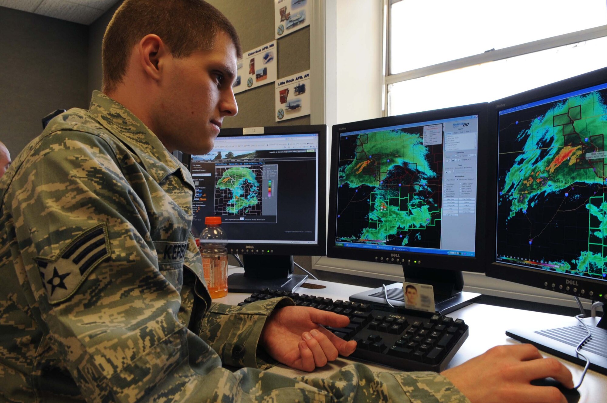 BARKSDALE AIR FORCE BASE, La. -- Senior Airman Christopher Kerbow, 26th Operational Weather Squadron weather forecaster, obverses a storm in his assigned region March 24. The 26th OWS is undergoing upgrades to equipment and software to enhance weather forecasting and storm reporting. (U.S. Air Force photo by Airman 1st Class Joseph Boals)