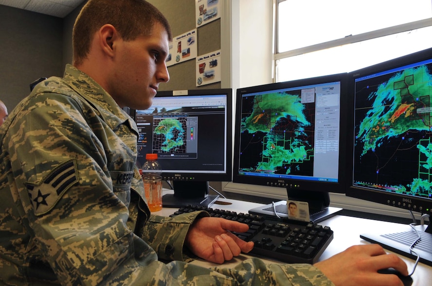 BARKSDALE AIR FORCE BASE, La. -- Senior Airman Christopher Kerbow, 26th Operational Weather Squadron weather forecaster, obverses a storm in his assigned region March 24. The 26th OWS is undergoing upgrades to equipment and software to enhance weather forecasting and storm reporting. (U.S. Air Force photo by Airman 1st Class Joseph Boals)