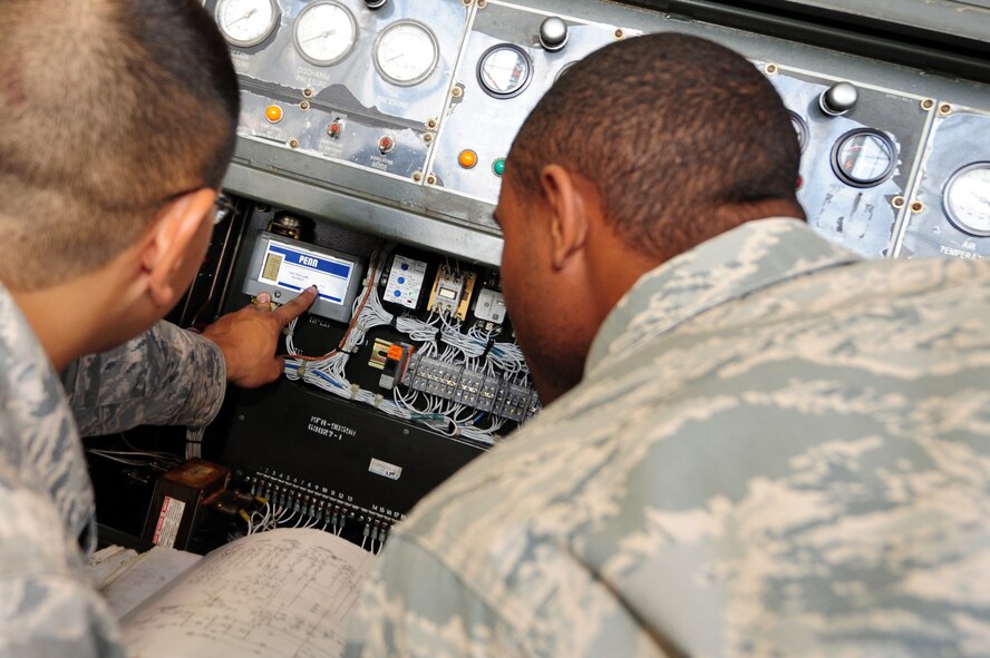 BARKSDALE AIR FORCE BASE, La. -- Airman 1st Class Jake Seceda (left), 2d Maintenance Squadron aerospace ground equipment mechanic and Staff Sgt. Gregory Collins inspect an MA3D air conditioning unit for a faulty relay at the AGE hangar March 24. (U.S. Air Force photo by Senior Airman Joanna M. Kresge)