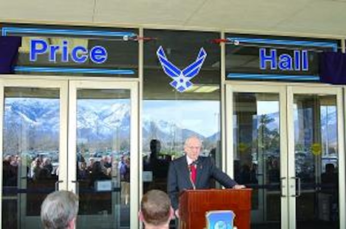 Jack Price expresses his appreciation as he talks at a ceremony to officially rename Building 849 as Price Hall. Price retired in 1988 after 41 years in the Air Force and working at Hill Air Force Base. He has lent his support and efforts to the Aerospace Heritage Foundation of Utah, the Air Force Association and the Air Force Memorial in Washington, D.C. 
