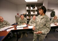 Master Sgt. Erica Gage, Robert D. Gaylor NCO Academy communications element superintendent, leads a class discussion March 18. Sergeant Gage was recently named the Air Force Enlisted Professional Military Education SNCO of the Year. (U.S. Air Force photo/Robbin Cresswell) 