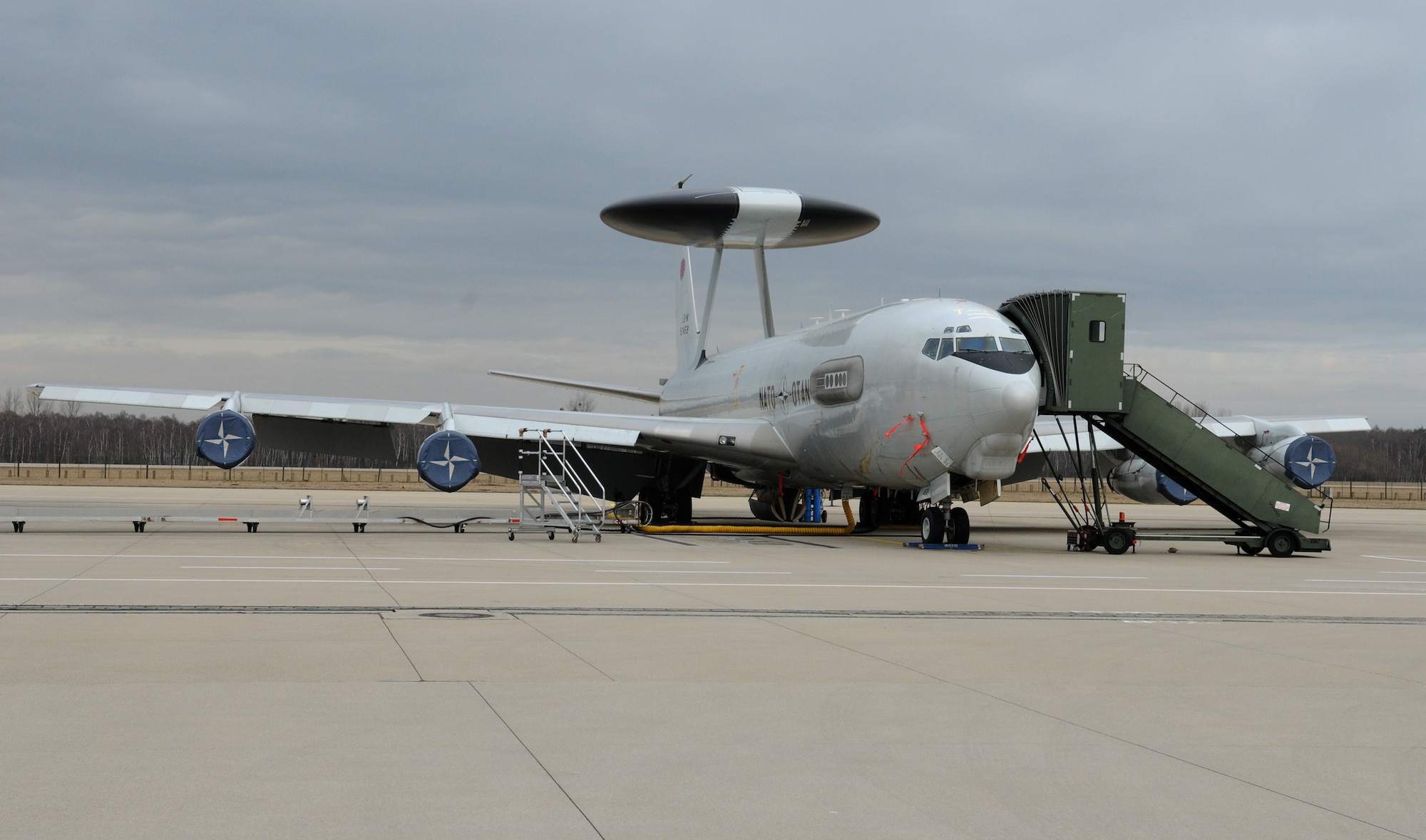 NATO AIR BASE GEILENKIRCHEN, Germany – A NATO E-3A Sentry from the NATO E-3A Airborne Early Warning and Control force component sits on the flightline after a mission March 19. The E-3A is a four-engine, modified Boeing 707-320 aircraft that provides all-weather surveillance, command, control and communications needed by the commanders of NATO air forces. (U.S. Air Force photo/Senior Airman Nathanael Callon)