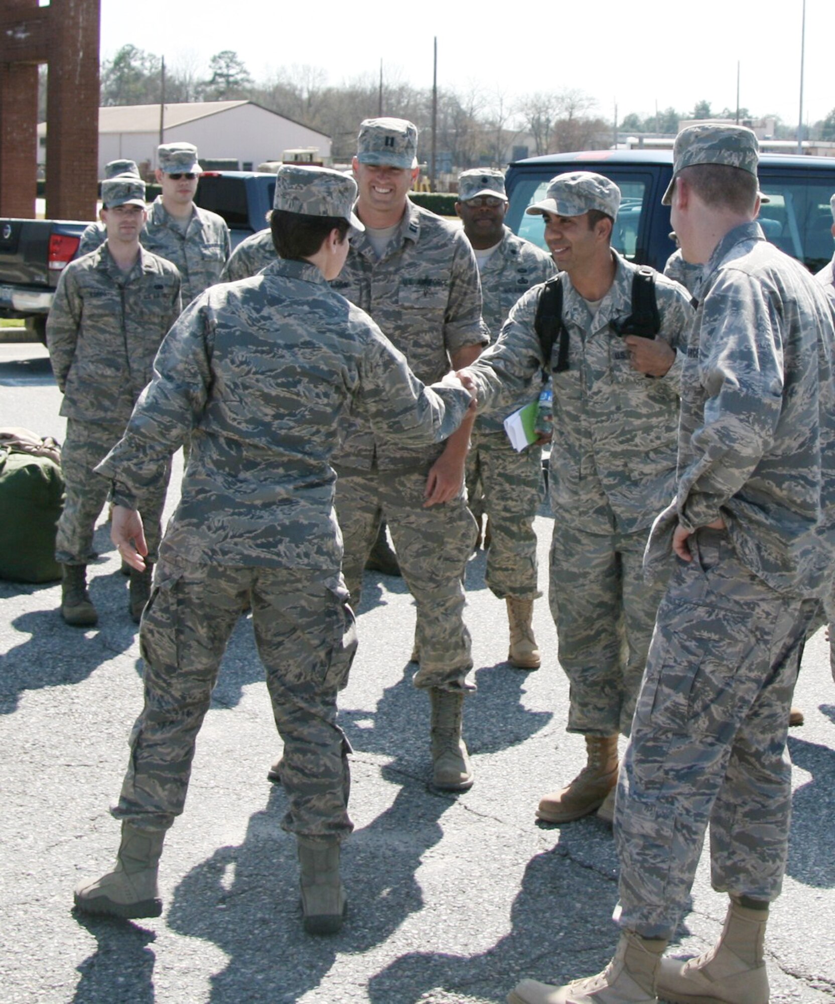 Col. Theresa Giorlando welcomes home Staff Sgt. Jon Hutchins from his deployment to Haiti March 16, 2010, at Robins Air Force Base, Ga. Sergeant Hutchins was the network specialist on a team that deployed to Haiti for six weeks providing expeditionary communications in support of Operation Unified Response. Colonel Giorlando is from the 689th Combat Communications Wing, and Sergeant Hutchins is assigned to the 53rd Combat Communications Squadron Deployable Initial Communications Element Team. (U.S. Air Force photo/2nd Lt Joel Cooke)