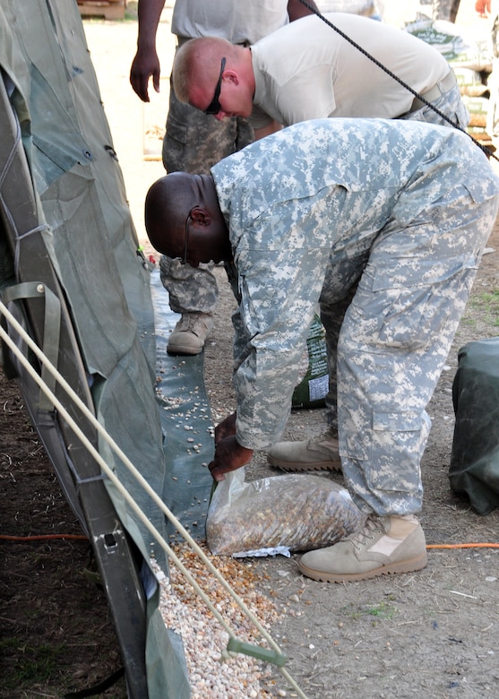 Sergeant 1st Class Ronnie Flakes and Private 1st Class Rick Robinson, 1st battalion, 228th Aviation Regiment spread rock down to secure a tent they erected March 22 to provide shade for maintainers and aircrew here. They are two of 49 Joint Task Force-Bravo members deployed in support of Joint Task Force-Haiti.  (U.S. Air Force photo/Staff Sgt. Bryan Franks)
