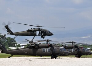 A 1st Battalion, 228th Aviation Regiment UH-60 Blackhawk takes off for its first airlift mission in support of Joint Task Force-Haiti March 24. The 1/228th along with other members of Joint Task Force-Bravo deployed from Soto Cano Air Base, Honduras to support JTF-Haiti, the U.S. military support unit for Operation Unified Response. (U.S. Air Force photo/Staff Sgt. Bryan Franks)