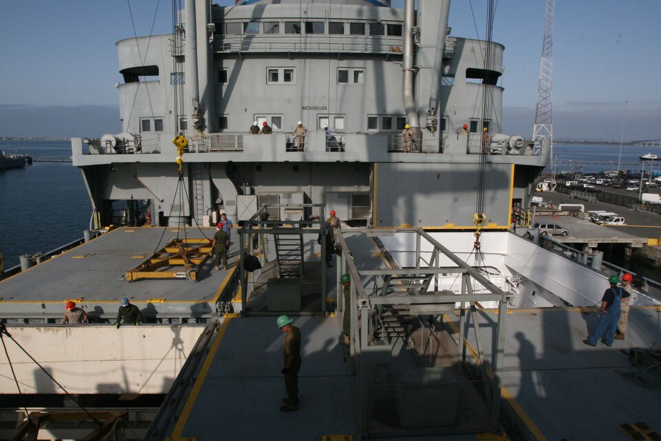Marines from various Marine Aviation Logistics Squadrons, load mobile facilities into the cargo area of the USS Curtiss during a loading training exercise at Naval Base San Diego March 25. The Marines performed the training March 22 through 26.