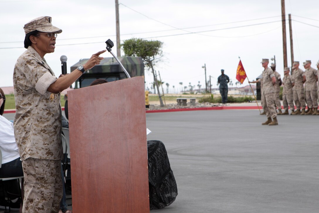 Force Master Chief Laura A. Martinez, the Navy’s top corpsman, speaks to the newest Fleet Marine Force corpsmen graduating from Field Medical Training Battalion on Camp Pendleton, March 25. More than 280 corpsmen graduated as part of the largest graduating class in the school’s history.