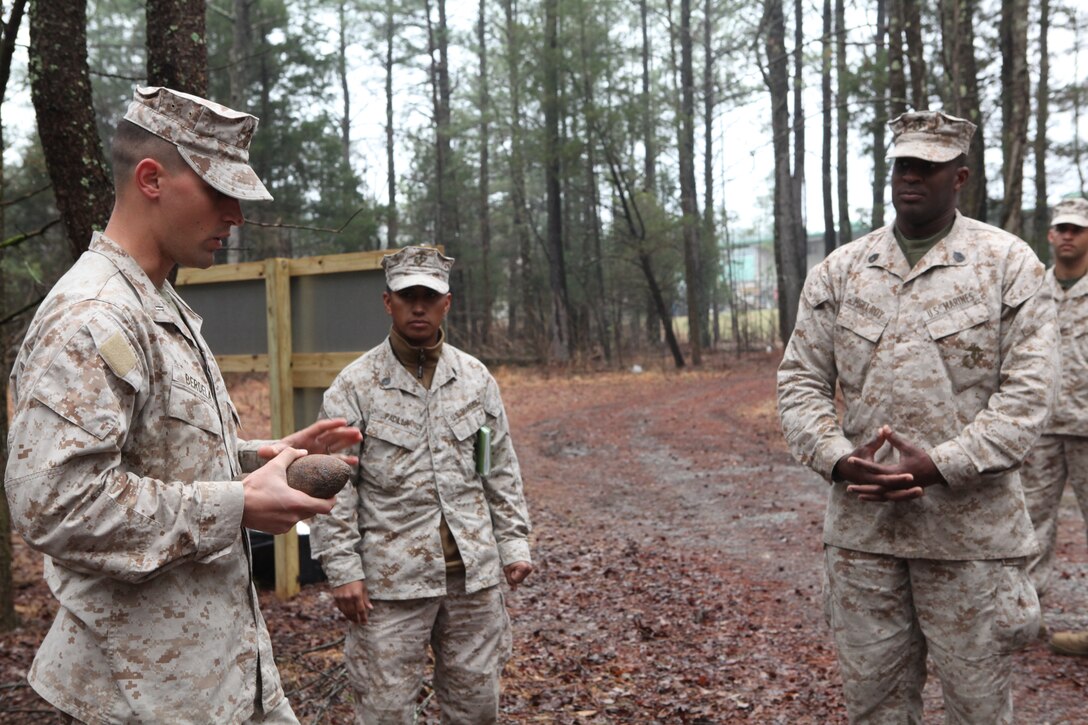 Marines with 26th Marine Expeditionary Unit walk down a mock improvised explosive device trail as part of awareness training at Fort Pickett, Va., March 26, 2010. 26th MEU, which consists of Battalion Landing Team 3/8, Combat Logistics Battalion 26, and Marine Medium Tiltrotor Squadron 266, will spend the next six months training for their upcoming deployment. (Official United States Marine Corps Photo by Lance Cpl.  Santiago G. Colon Jr.) (Released)::r::::n::
